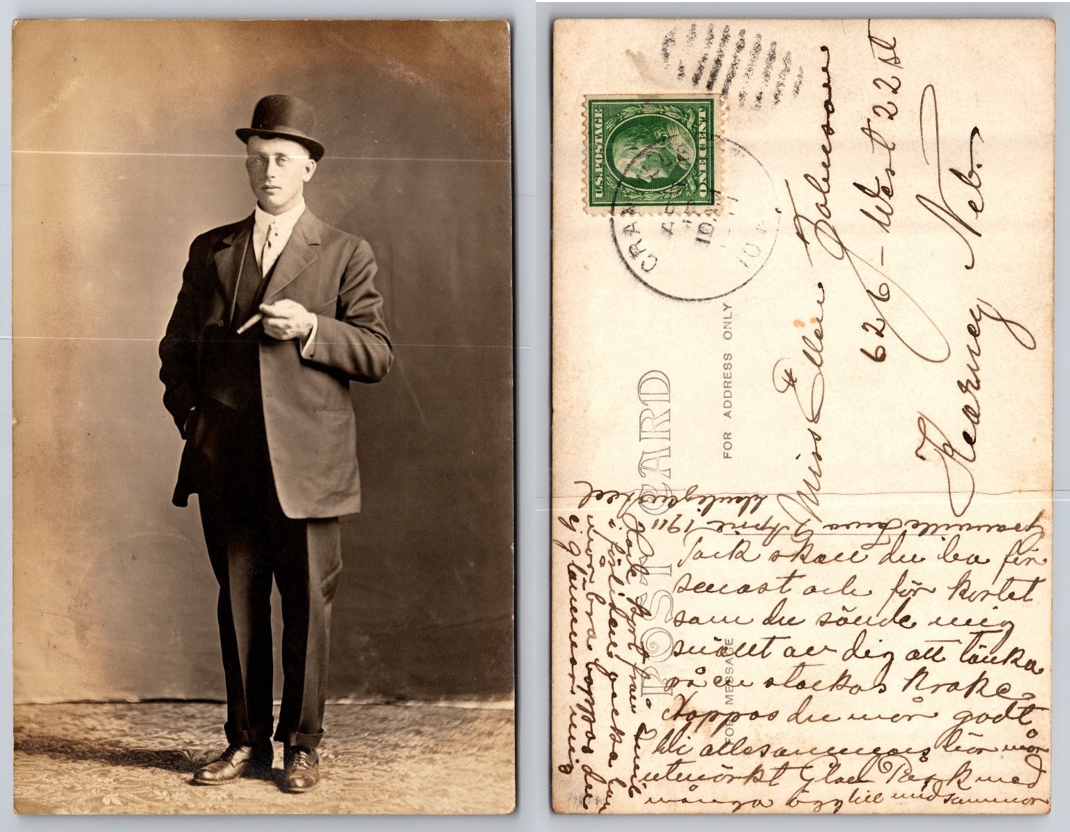 Vintage RPPC Man in Bowler Hat with Cigar Kearney Nebraska 1911 Postcard