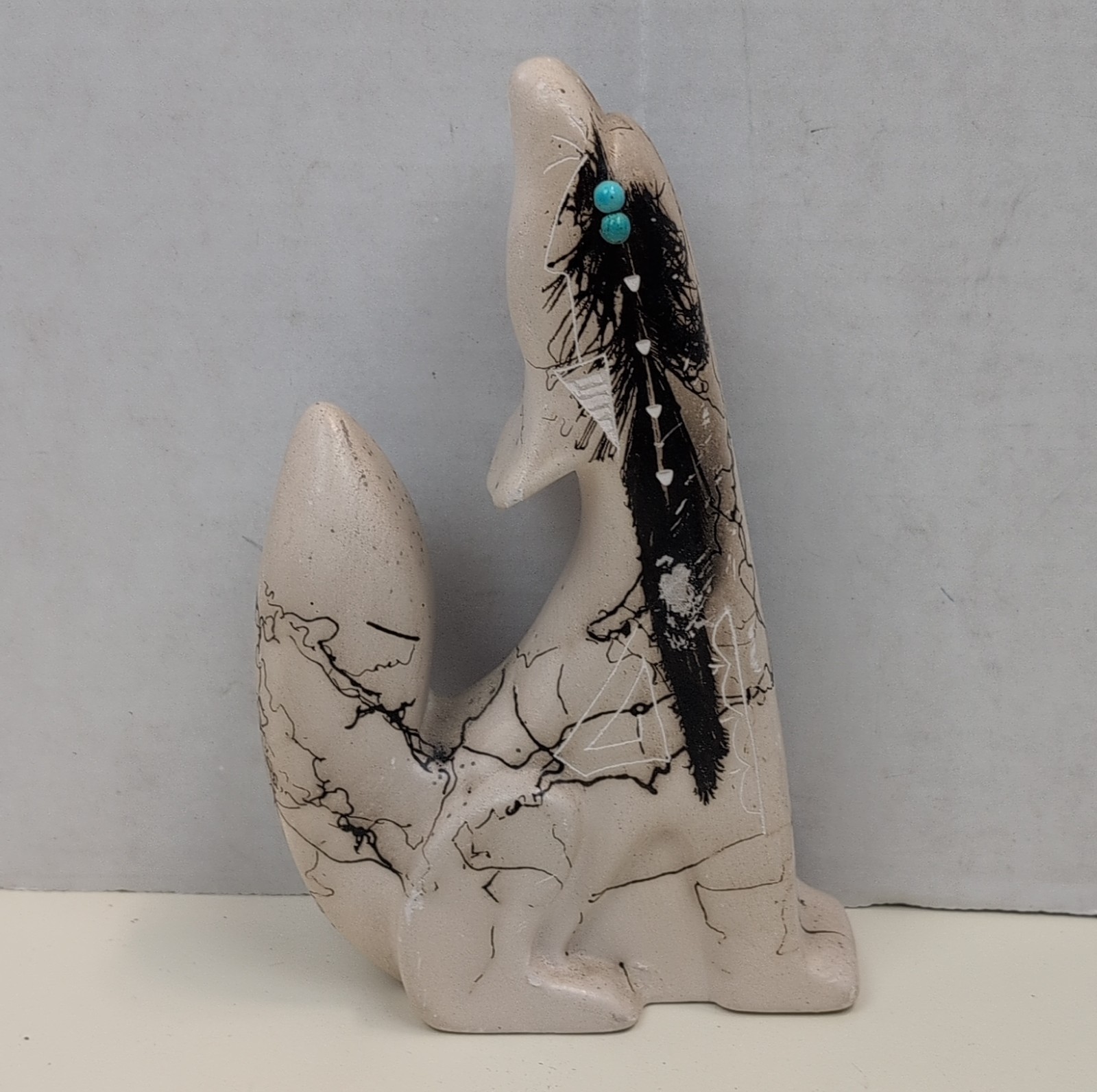 Native American Navajo Horsehair Style Pottery Coyote Figurine Handcrafted 