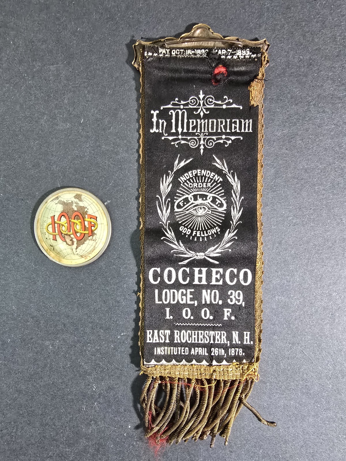 Vintage IOOF Odd Fellows Cocheco Lodge East Rochester & I.O.O.F Badge 1893