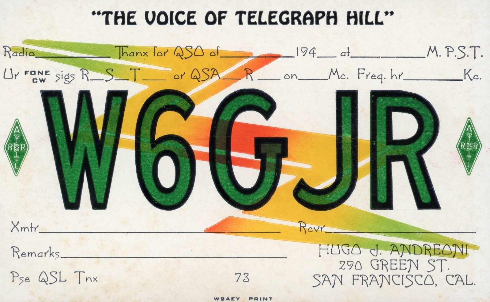 Vintage Amateur Radio QSL Printer's Sample, 1940's, W6GJR, San Francisco, CA