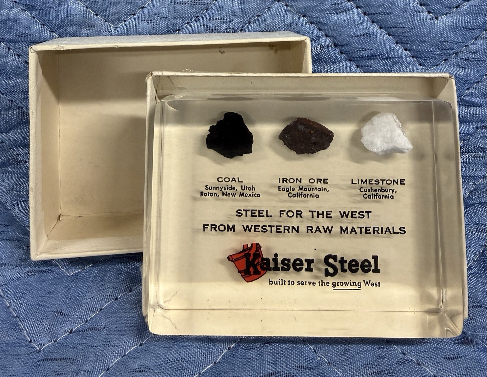 Vintage Kaiser Steel Lucite Paperweight Coal Iron Ore Limestone Mining w/ Box