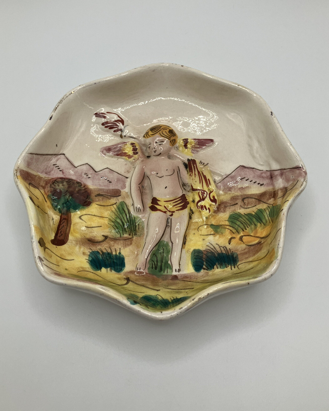 Vtg Painted Porcelain Cherub Relief Trinket Dish Capodimonte Italy Bumes 63/1