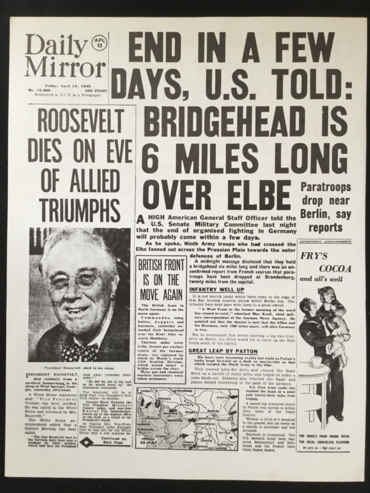 WW2 1945 NEWSPAPER/POSTER (2 SIDED) : “ROOSEVELT DIES ON EVE OF ALLIES TRIUMPHS”