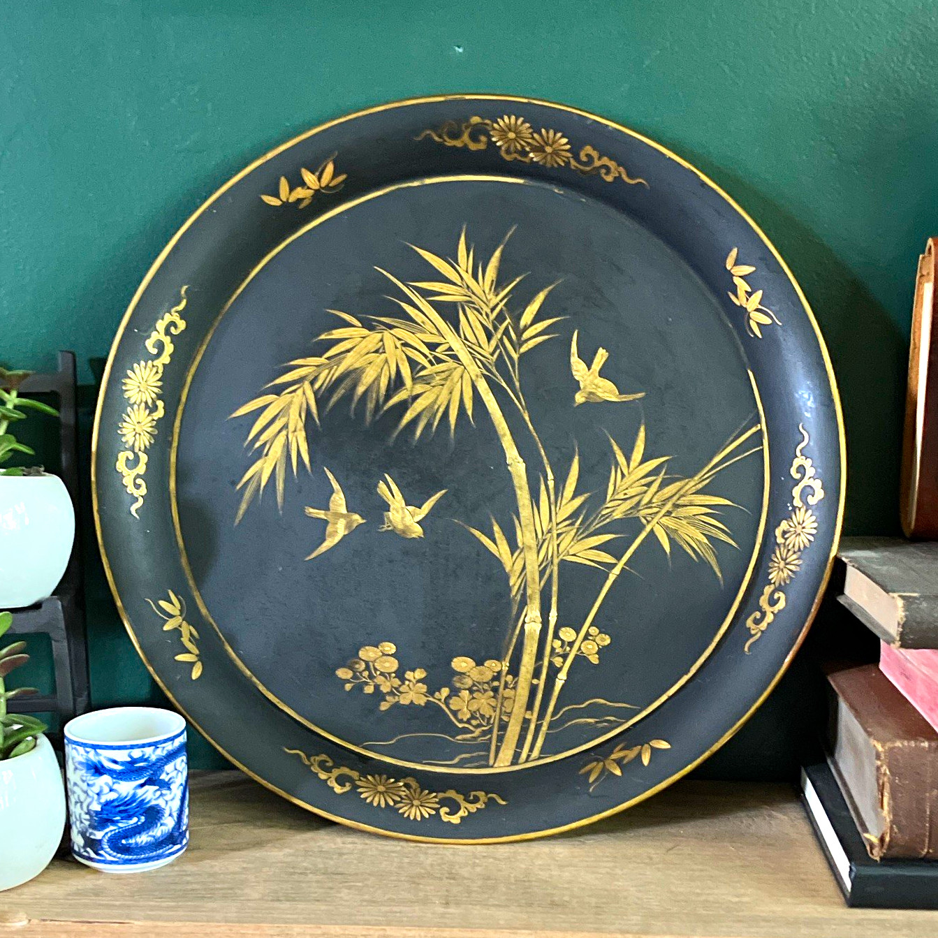 Vintage Japanese Matte Black Metal Toleware Tray Signed Gold Chinoiserie Birds