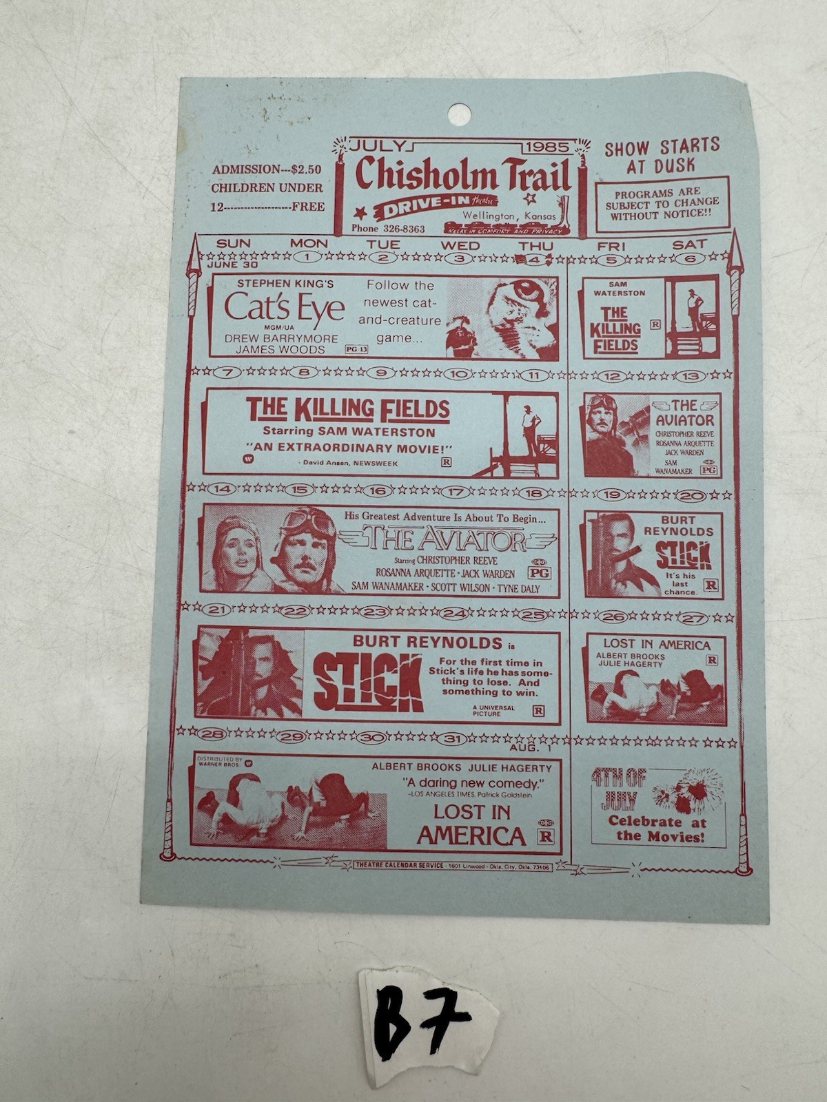 July 1985 Chisholm Trail Drive-In Theatre Wellington Kansas Movie Calendar July 1985 Chisholm Trail Drive-In Theatre Wellington Kansas Movie Calendar