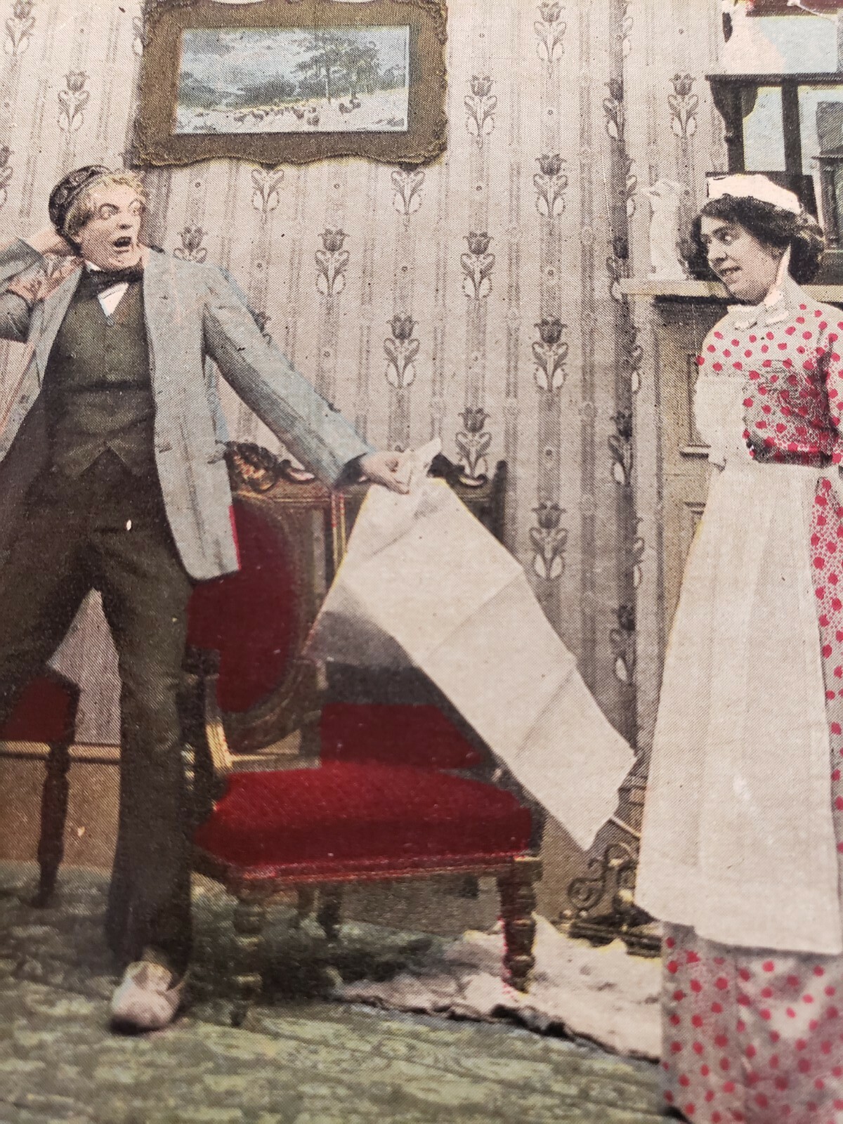 C 1919 Man Shocked by Nurse Says He is Father of Twins Comic Victorian Postcard