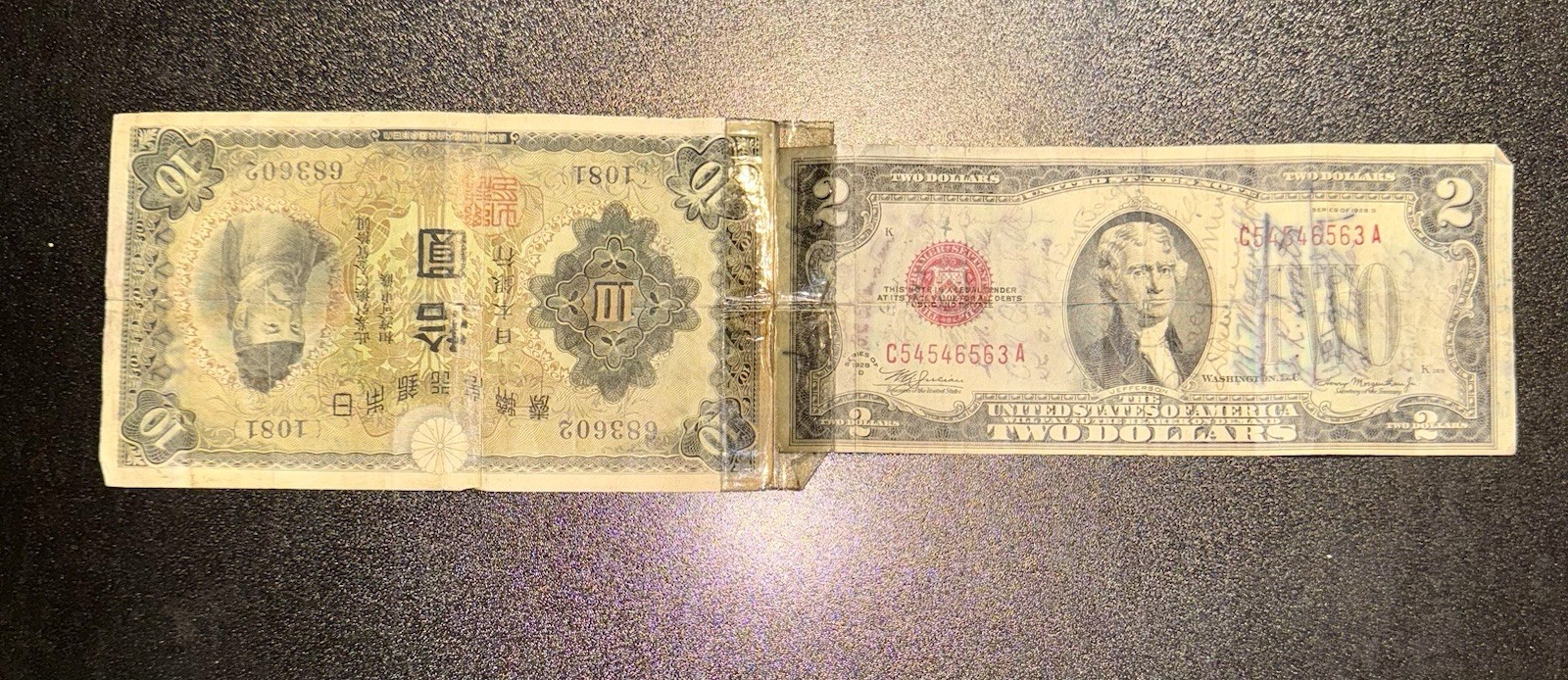 WWII Short Snorter Souvenir US $2 Bill Taped to Japanese 10 Yen Note