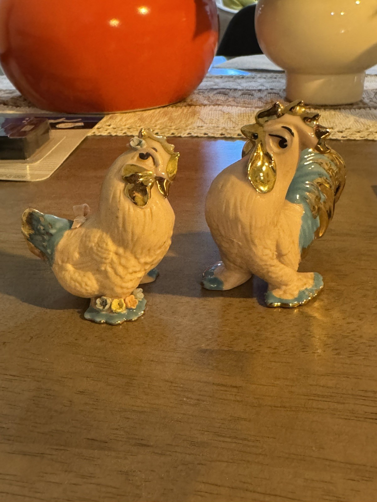 Vintage Kitschy Walker Renaker Pink Bisque Flirtacious Rooster & Hen Figurines