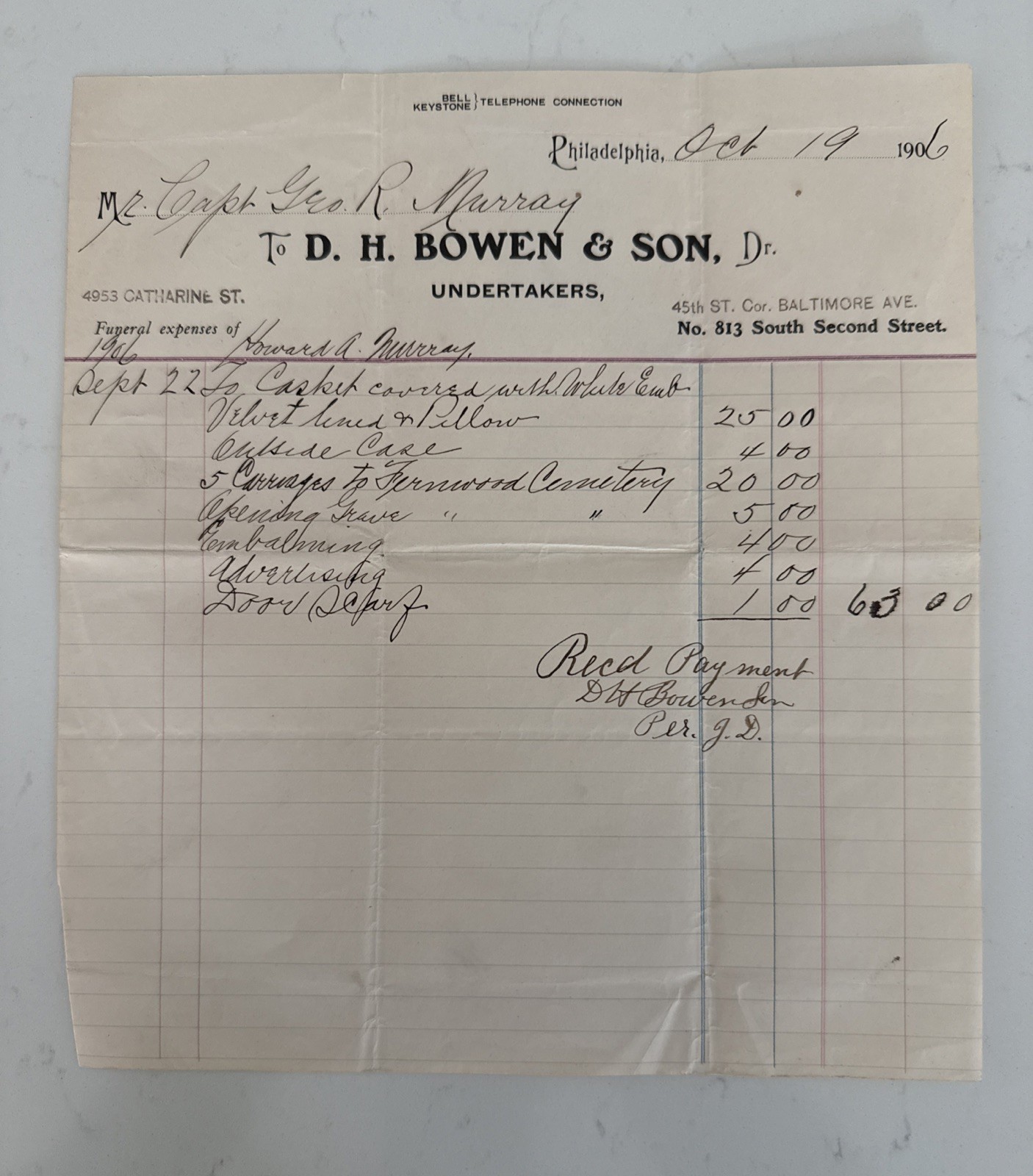 RARE Antique Undertaker Coffin Casket Grave Receipt 1906  Philadelphia