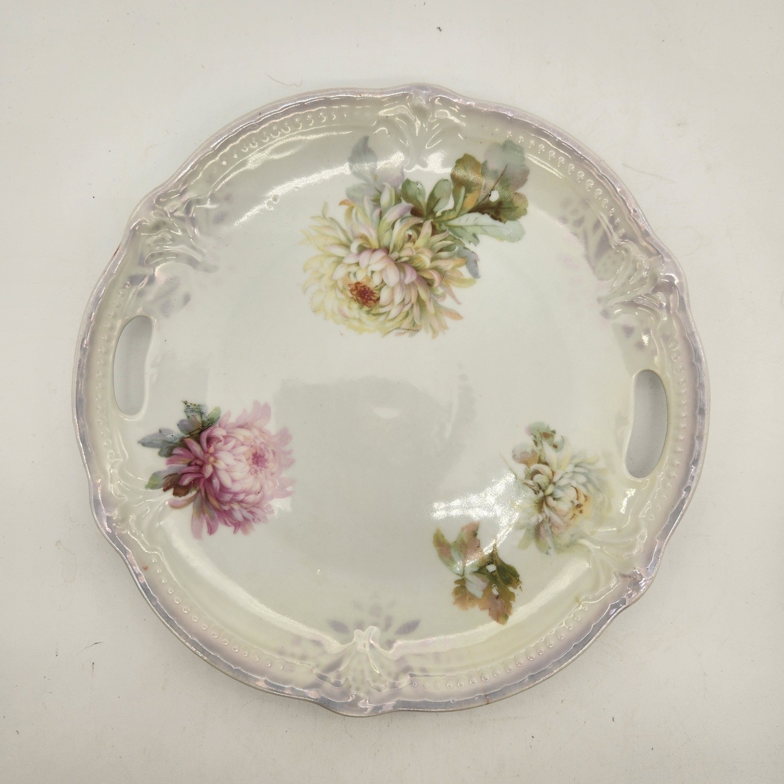 Antique Germany Porcelain Floral Serving Plate Iridescent Luster Mums Scalloped