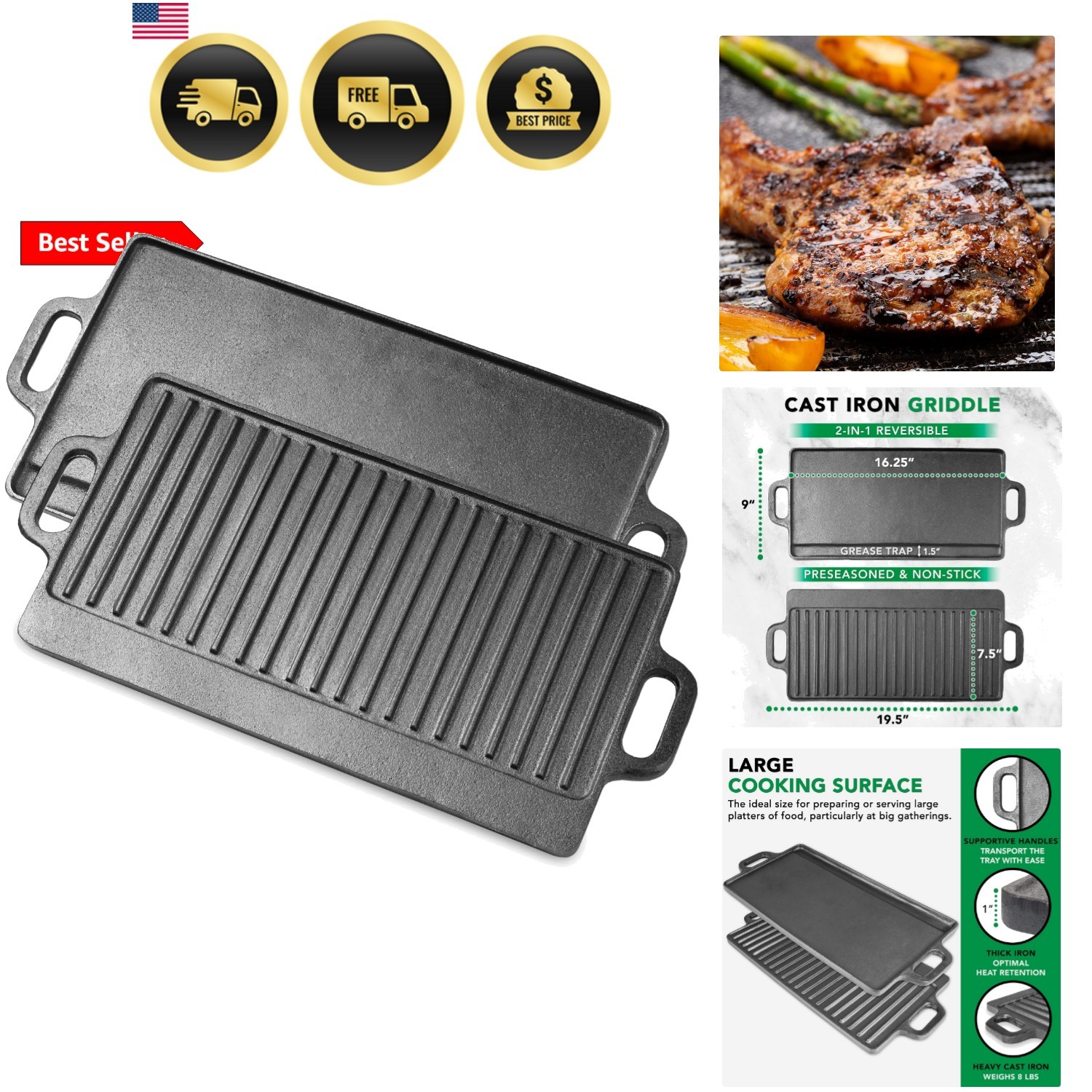 2-in-1 Reversible 19.5” x 9” Cast Iron Griddle with Handles, Preseasoned & No...