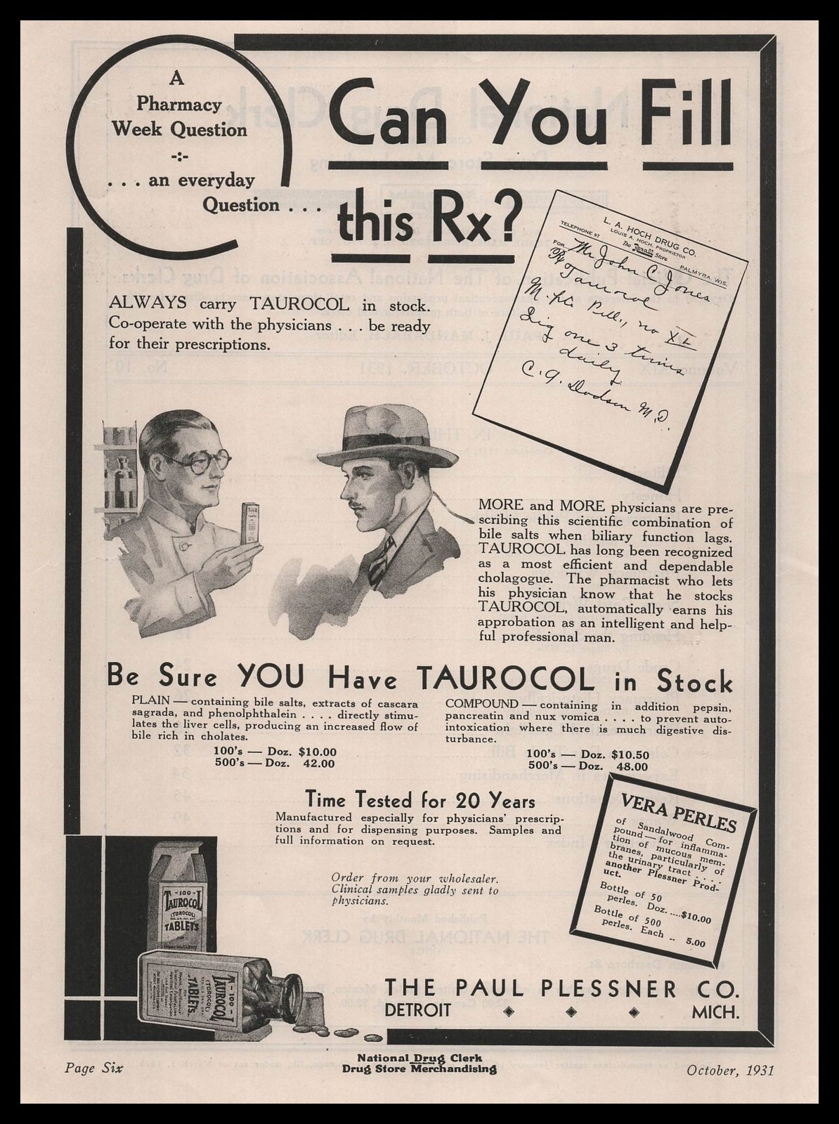 1931 L. A. Hoch Drug Company Palmyra Wisconsin Paul Plessner Taurocol Print Ad