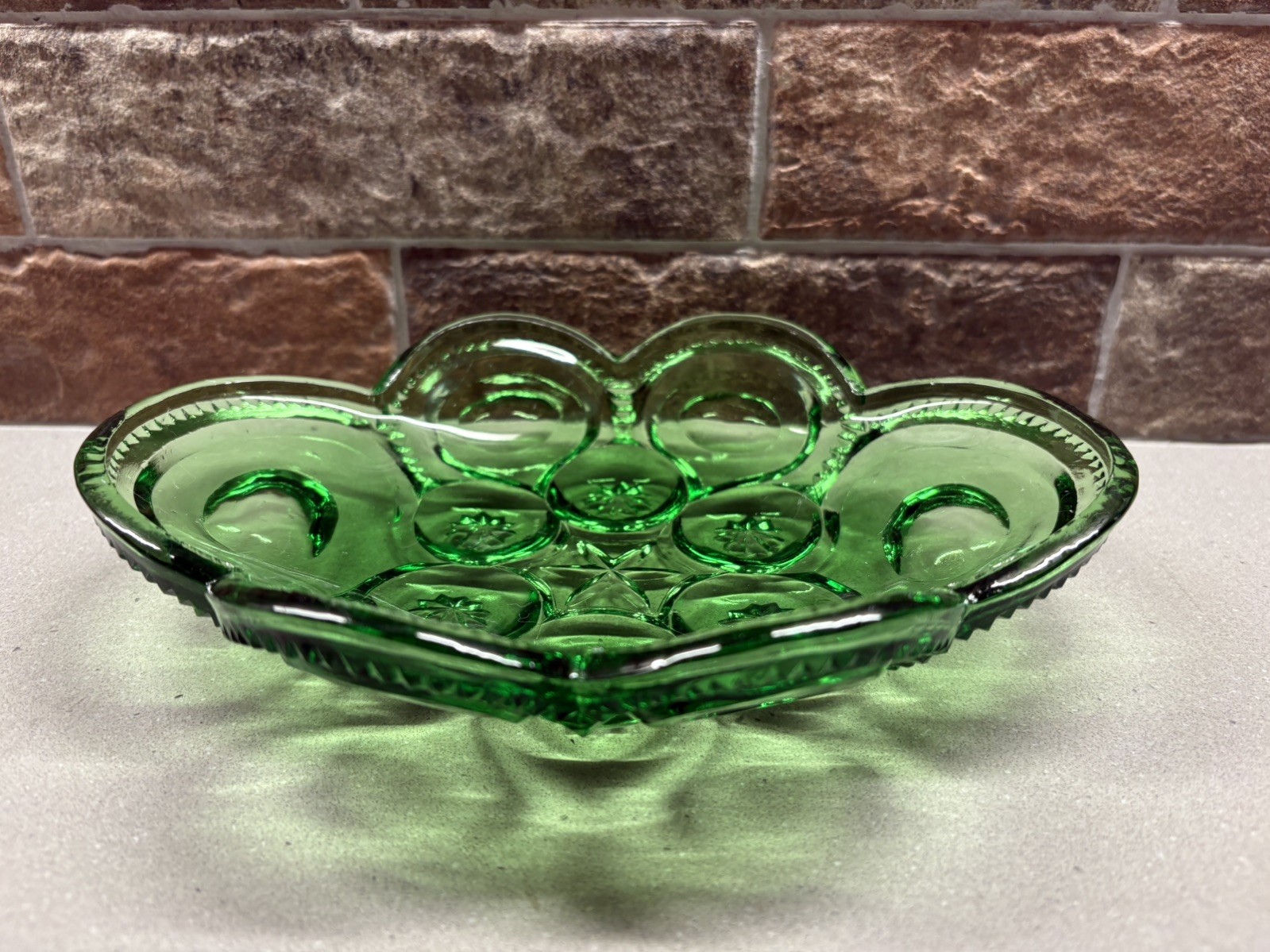 Vintage L.G. Wright Green Glass Moon & Stars Oval Relish Dish Tray trinket dish