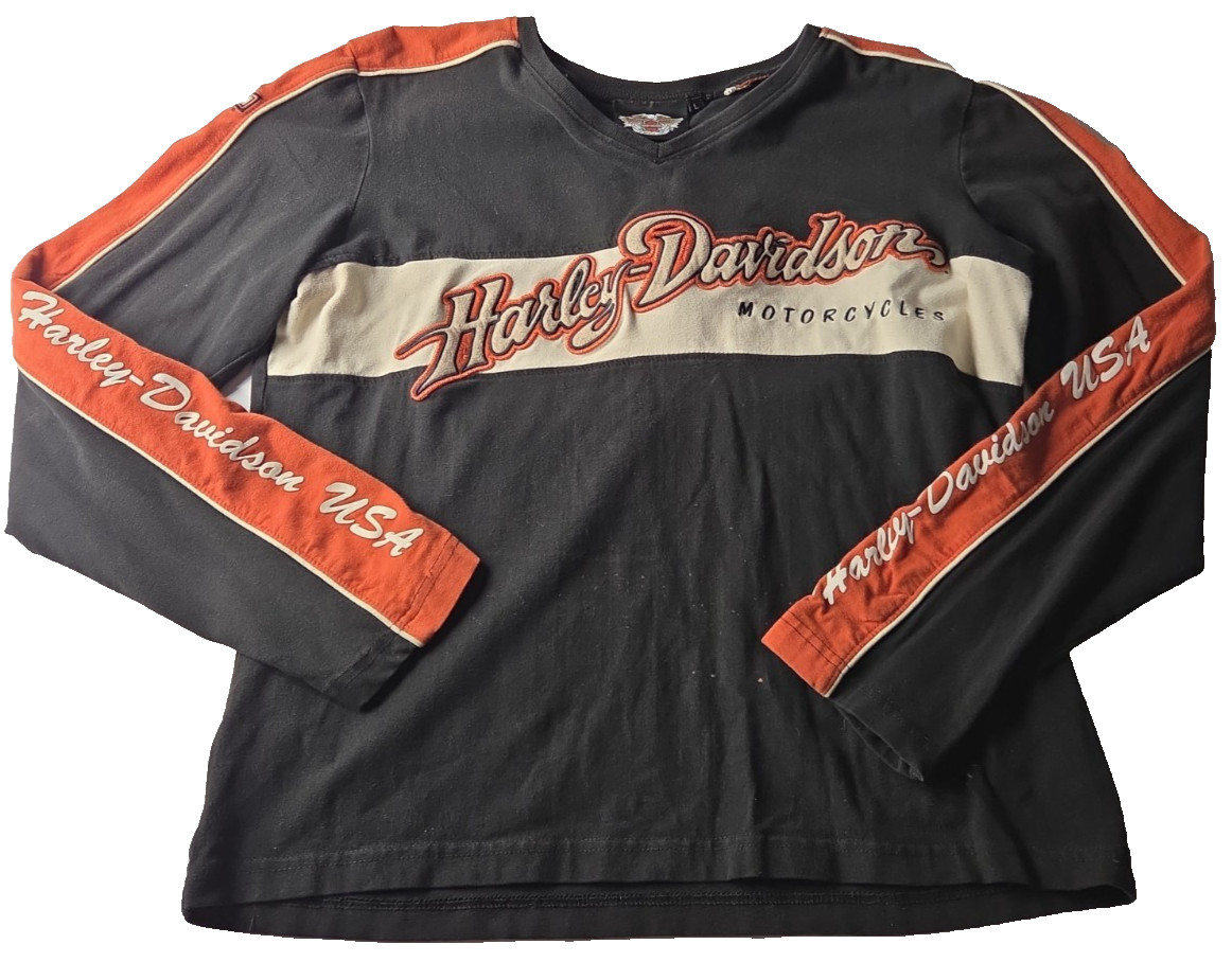 Vintage Y2K Harley-Davidson Embroidered Colorblock Long Sleeve Shirt Womens L