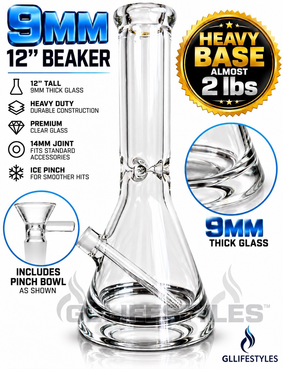12” Beaker 9mm Science Grade Borosilicate Glass Water Pipe Bong, 14mm Pinch Bowl