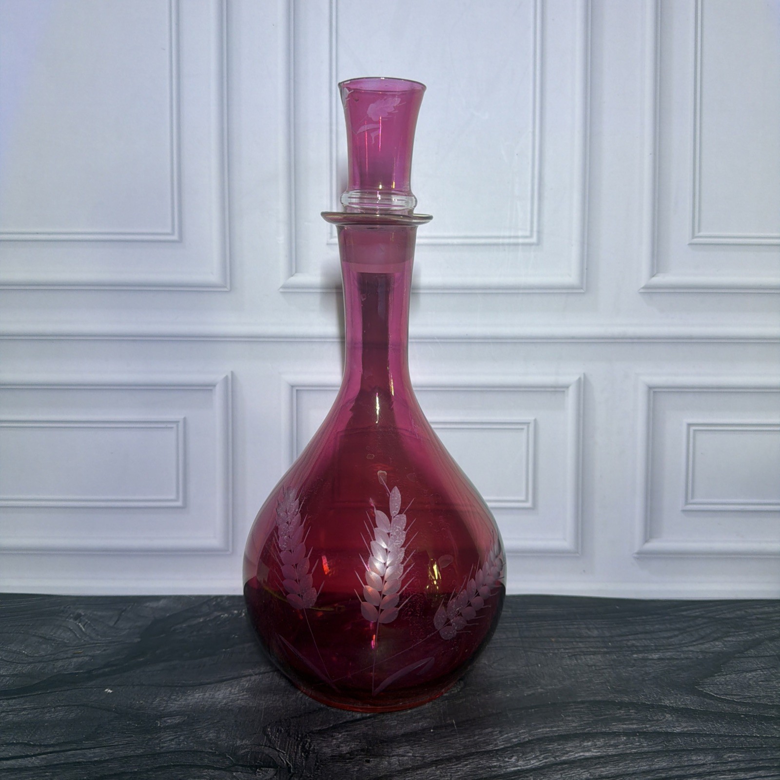 11” Vintage Cranberry Glass Decanter Etched Wheat Pattern Shot Glass Lid Stopper