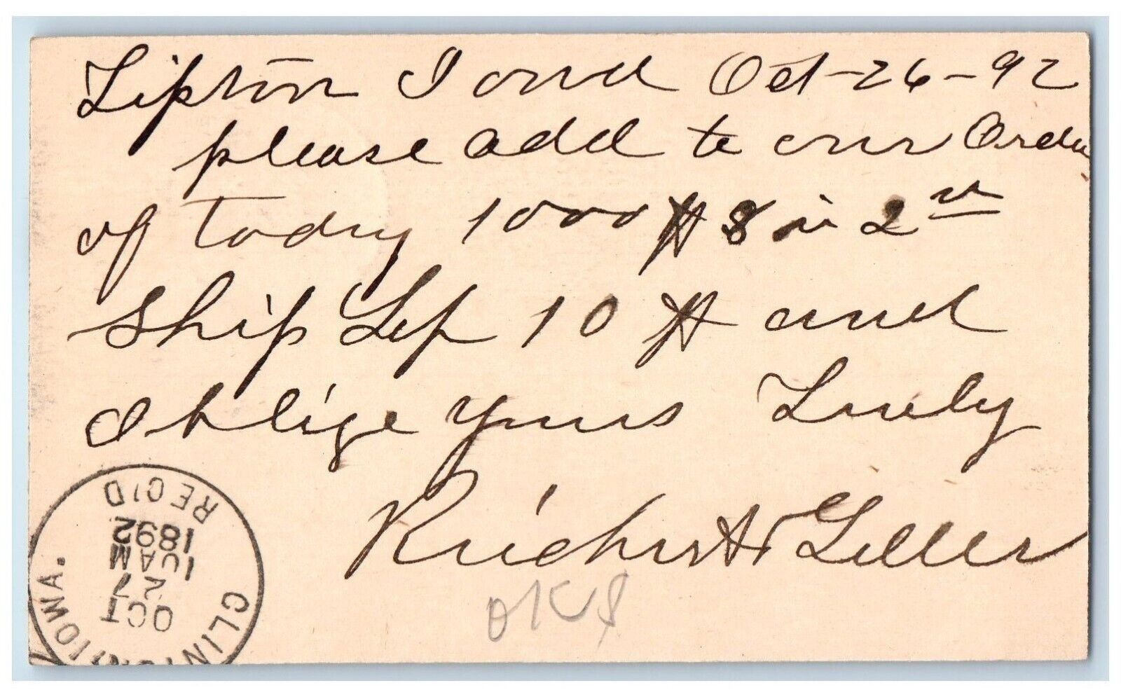 1892 Please Add to Lumber Order WJ Y & Co. Tipton IA Clinton IA Postal Card 1892 Please Add to Lumber Order WJ Y & Co. Tipton IA Clinton IA Postal Card
