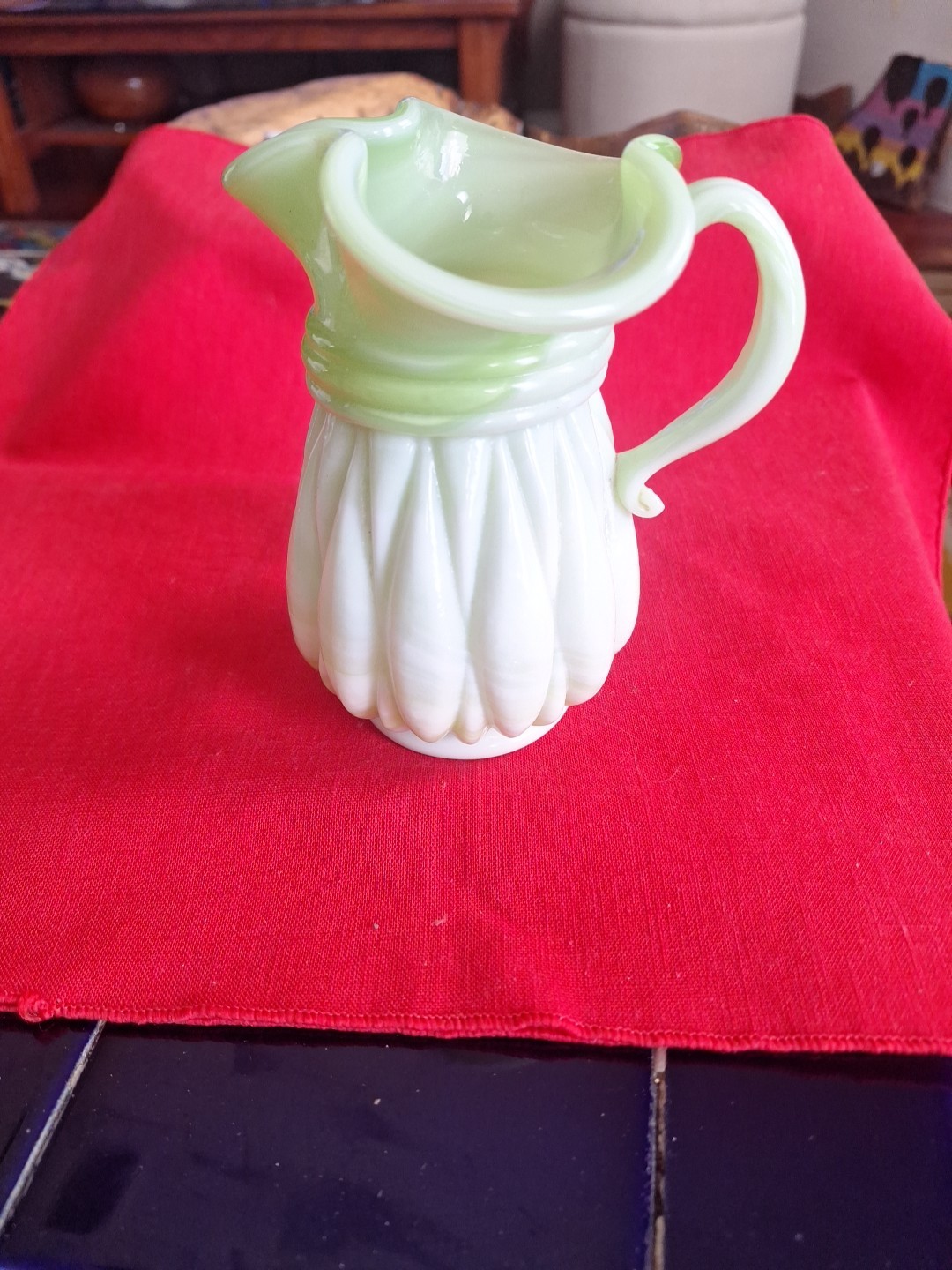 Old Nice Mid Century Kanawha Seafoam Green Satin Slag Glass Small Pitcher EUC Old Nice Mid Century Kanawha Seafoam Green Satin Slag Glass Small Pitcher EUC