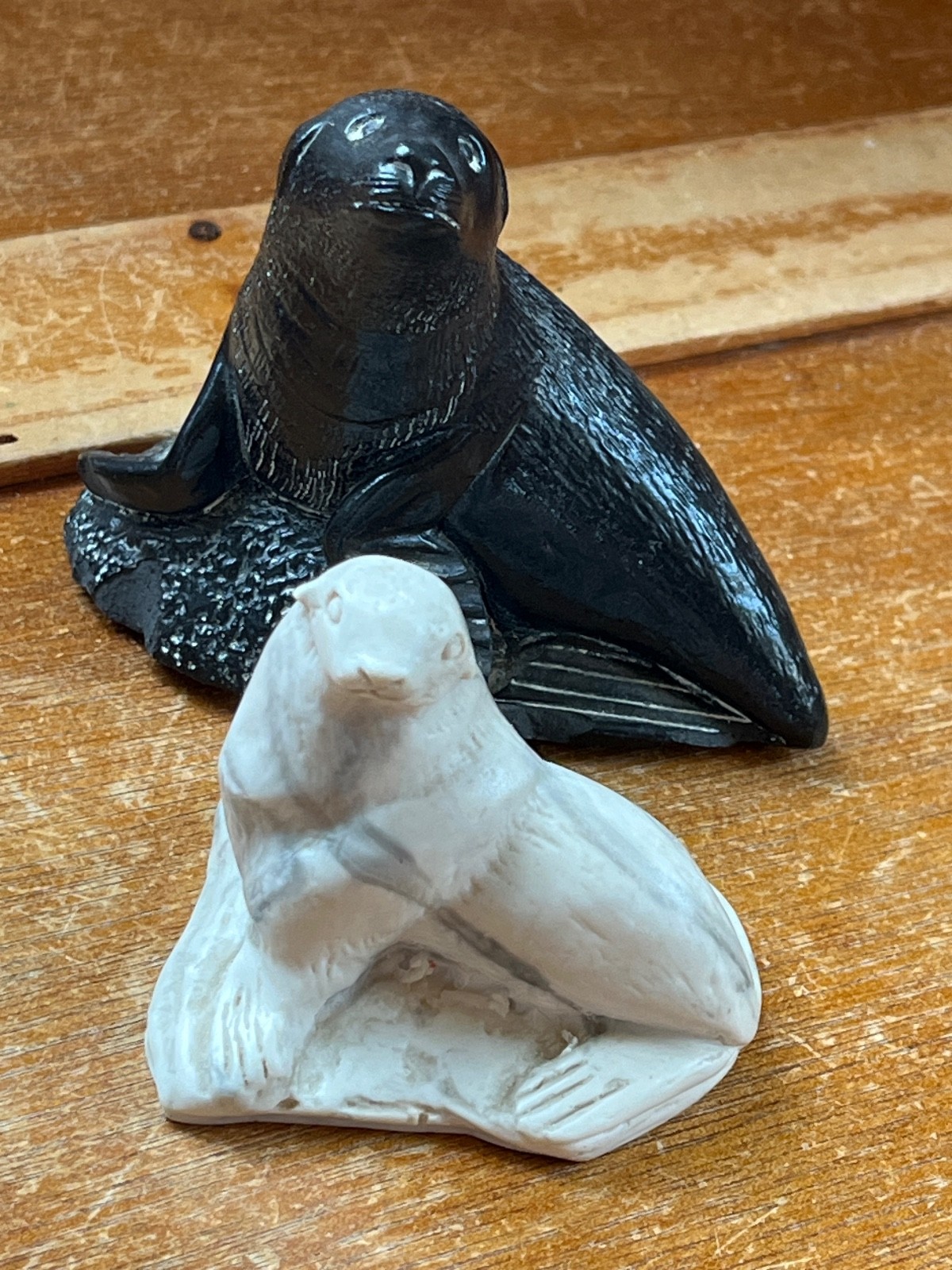 Lot of Carved Black of Cream & Gray Striped Soapstone Seal Figurine - black one Lot of Carved Black of Cream & Gray Striped Soapstone Seal Figurine - black one