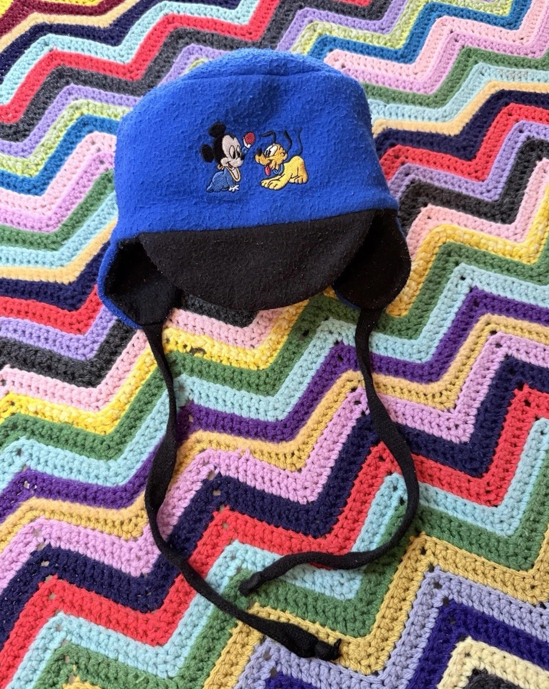 Vintage 70 80s Disney Mickey Pluto Baby Trapper Hat Winter Hat Blue RARE