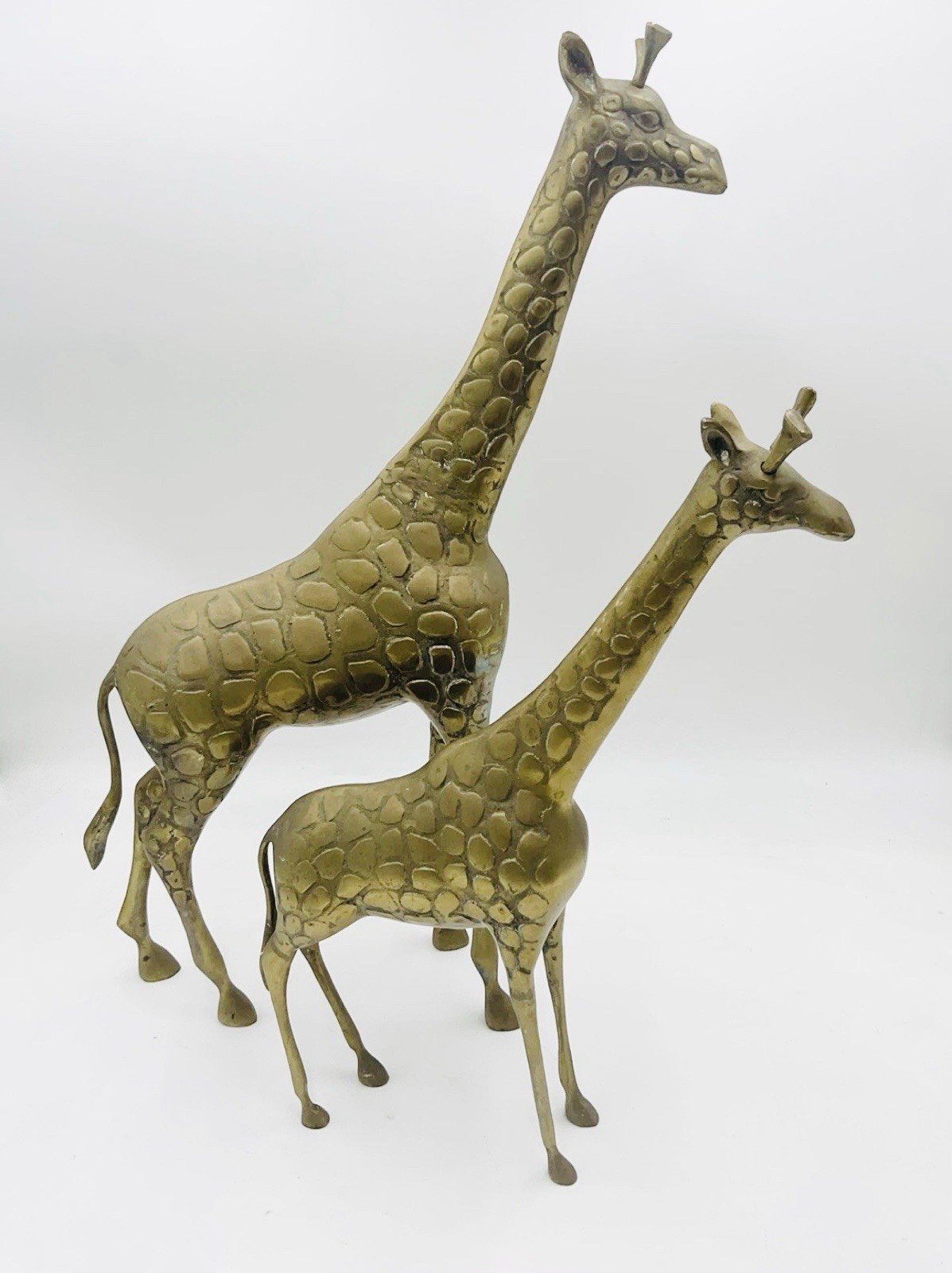 x2 Vintage PAIR Brass Giraffe Sculptures 21” & 16” LARGE HEAVY S1