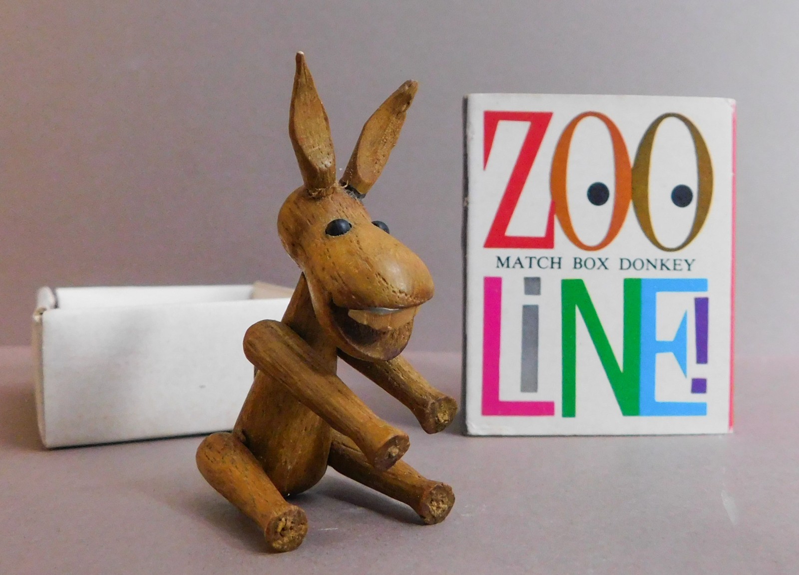 VINTAGE MID CENTURY ZOO LINE LA JAPAN WOOD MATCHBOX DONKEY FIGURINE MOVEABLE LEG