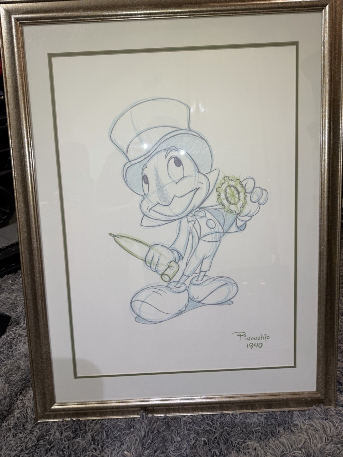 Disney Pinocchio Jiminy Cricket Framed Animation Drawing/Art 1940 Disney