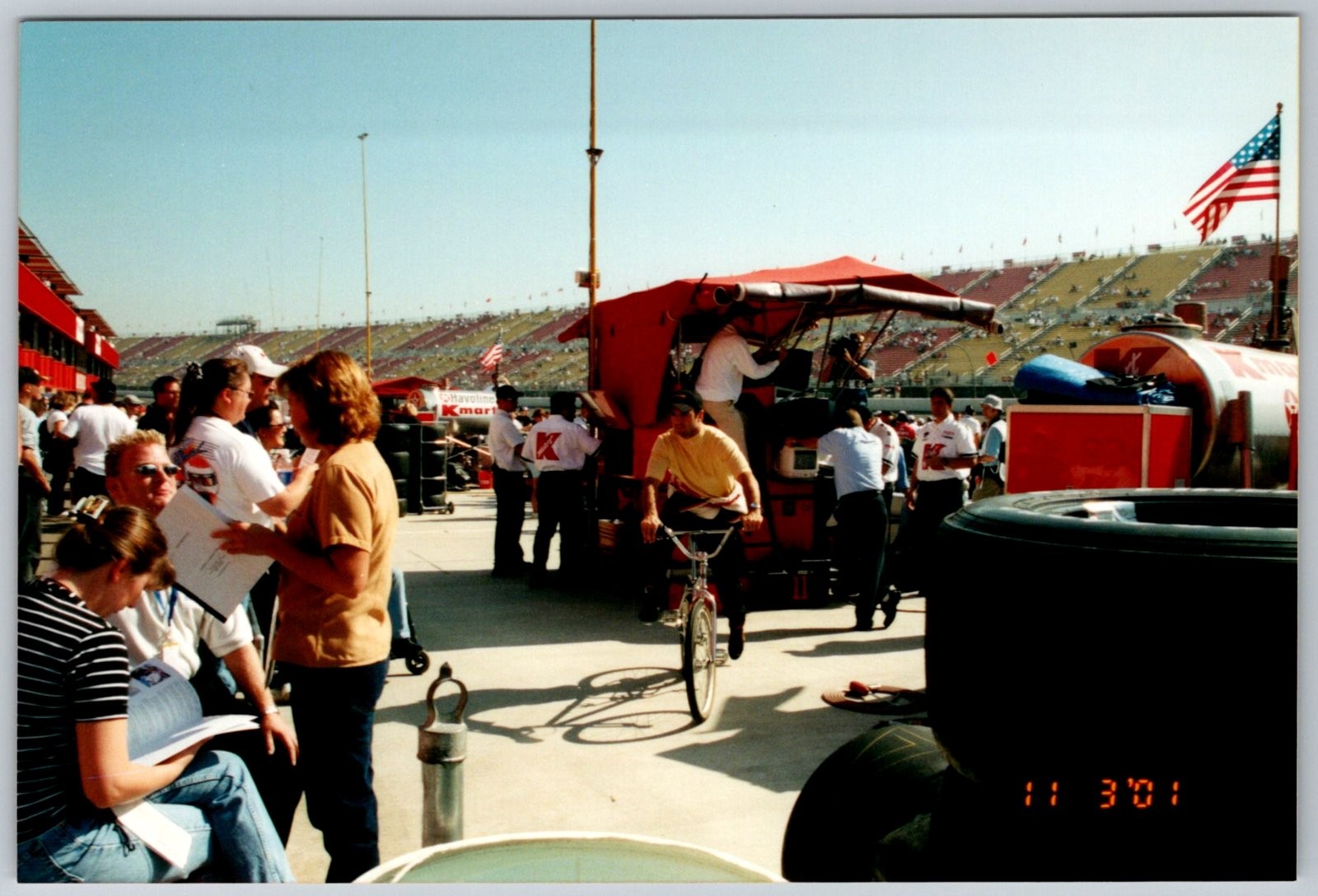 Vtg Color Snapshot NASCAR Pit Row Race Track Pit Crew Man Bicycle 2001