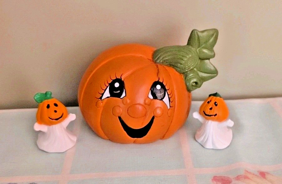 Vintage Halloween Anthropomorphic Ghosts & Pumpkin Figures Ceramic Kitsch Decor
