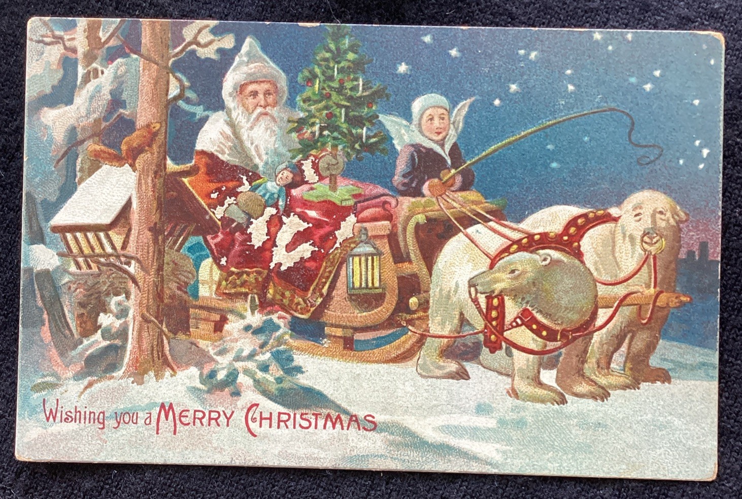 EXTREMELY RARE Vintage Christmas Postcard - Santa Sleigh Pulled by POLAR BEARS