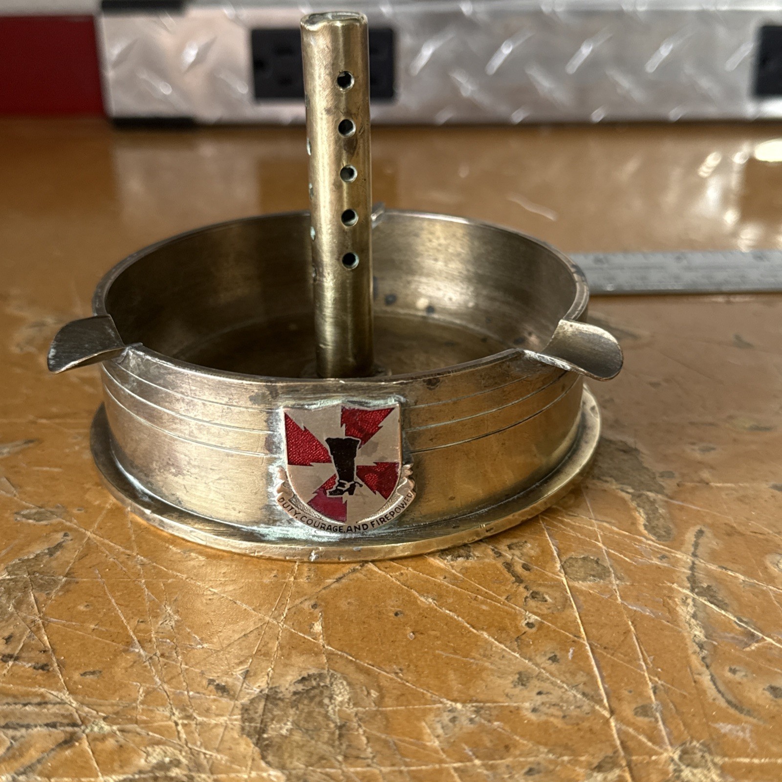 Vintage Brass Trench Art Ashtray w/ 40th Field Artillery Crest CHQ HQ Army WWII