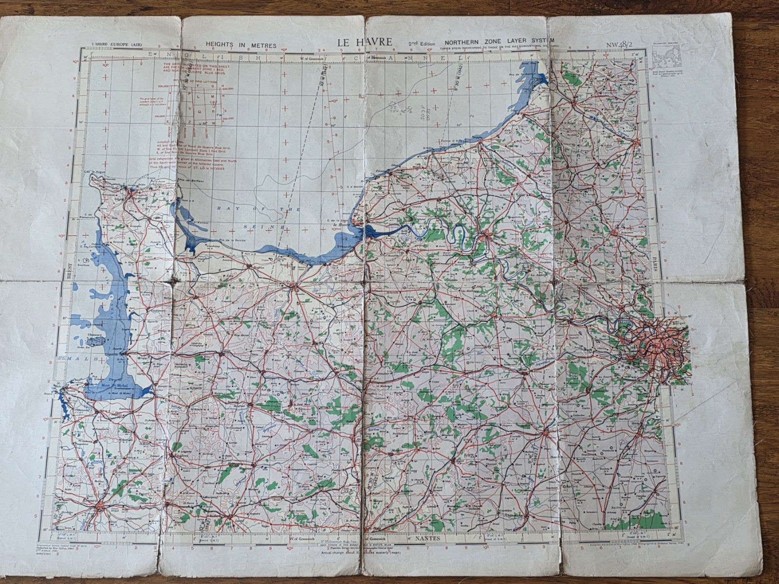 RARE Original WW II Allied aviation navigation map of northern France. RAF/USAAF