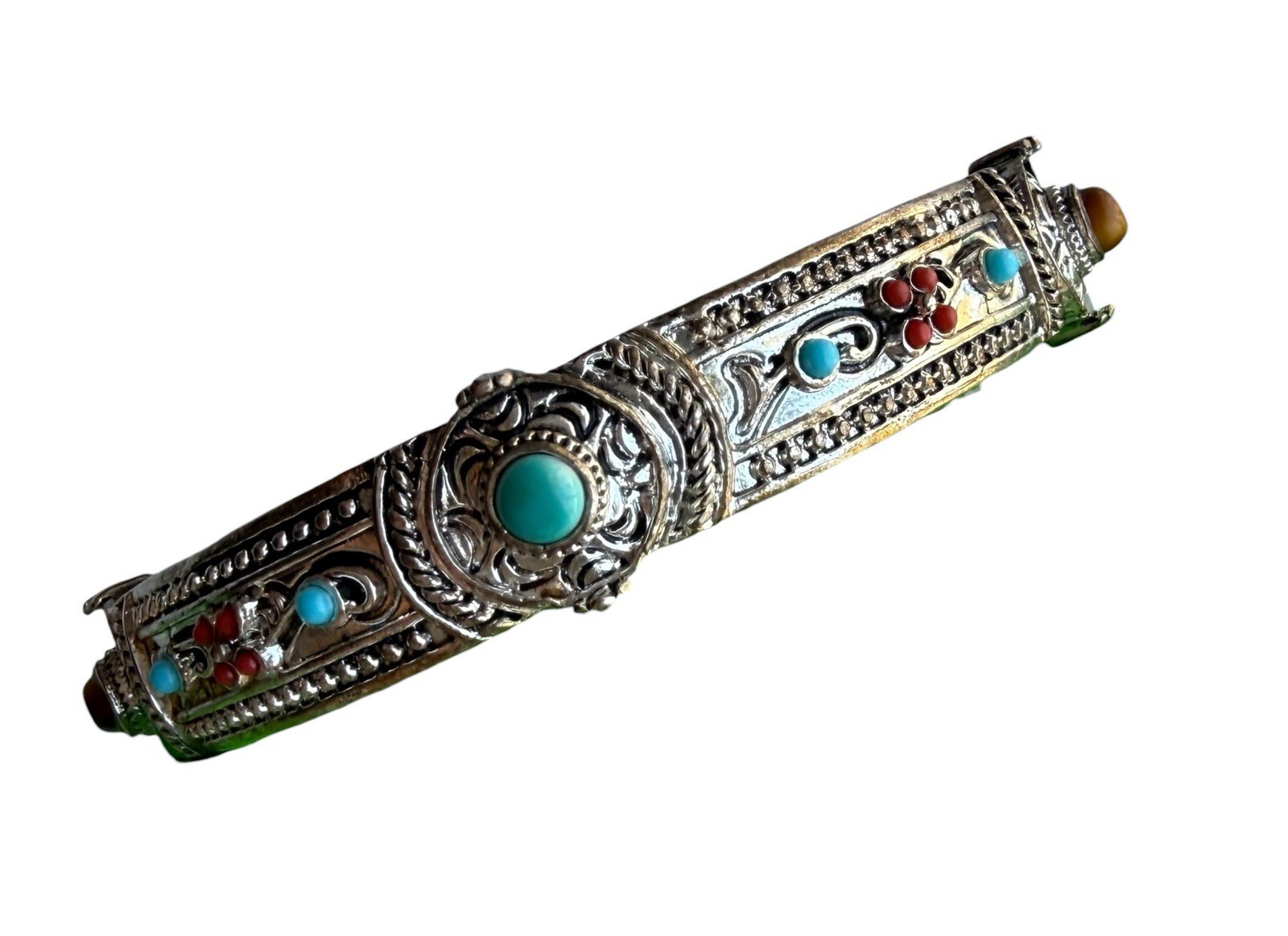 Beautiful Silvertone Red & Blue Turquoise Tiger Eye Color Stones Bangle Bracelet