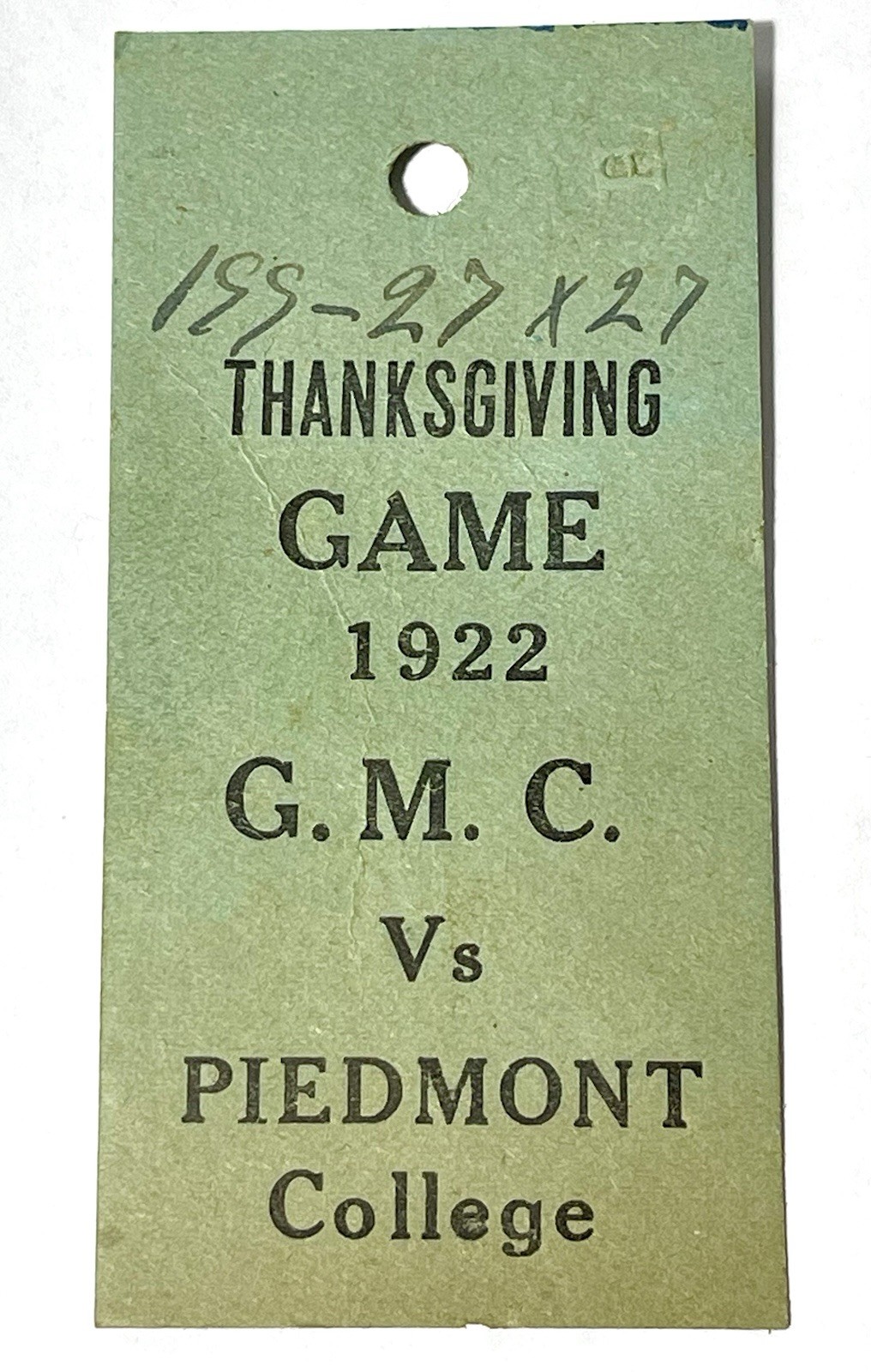 RARE 1922 FOOTBALL TICKET- PIEDMONT COLLEGE vs G.M.C. -GEORGIA MILITRARY COLLEGE