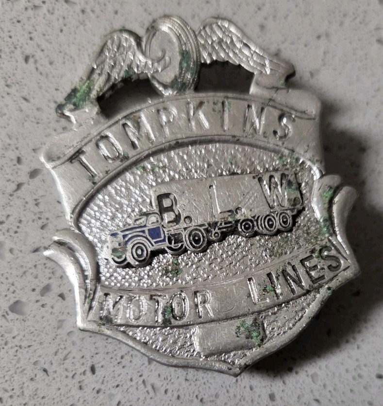 Vintage Tompkins Motor Lines Company Drivers Cap Badge B.L.W. Rare 1940's 