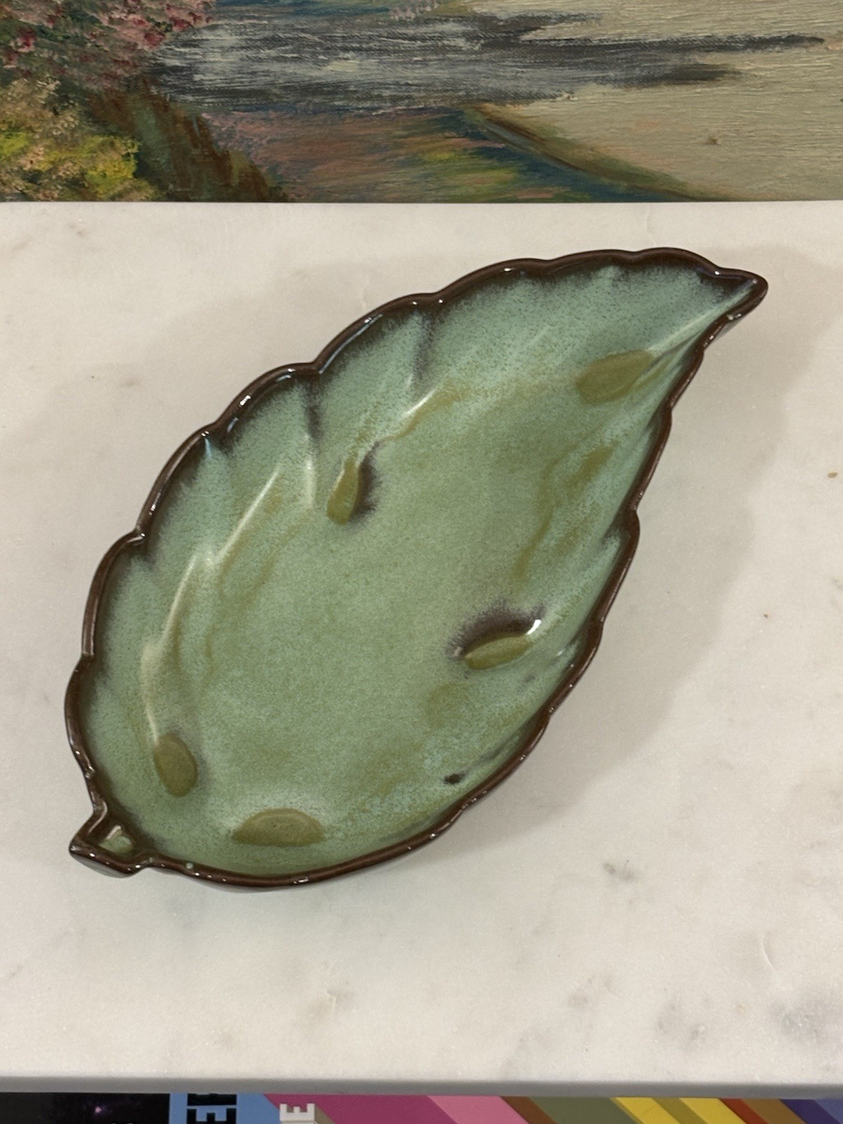 Frankoma Pottery 225 Prairie Green Leaf Dish Footed Vintage MCM Wabi Sabi