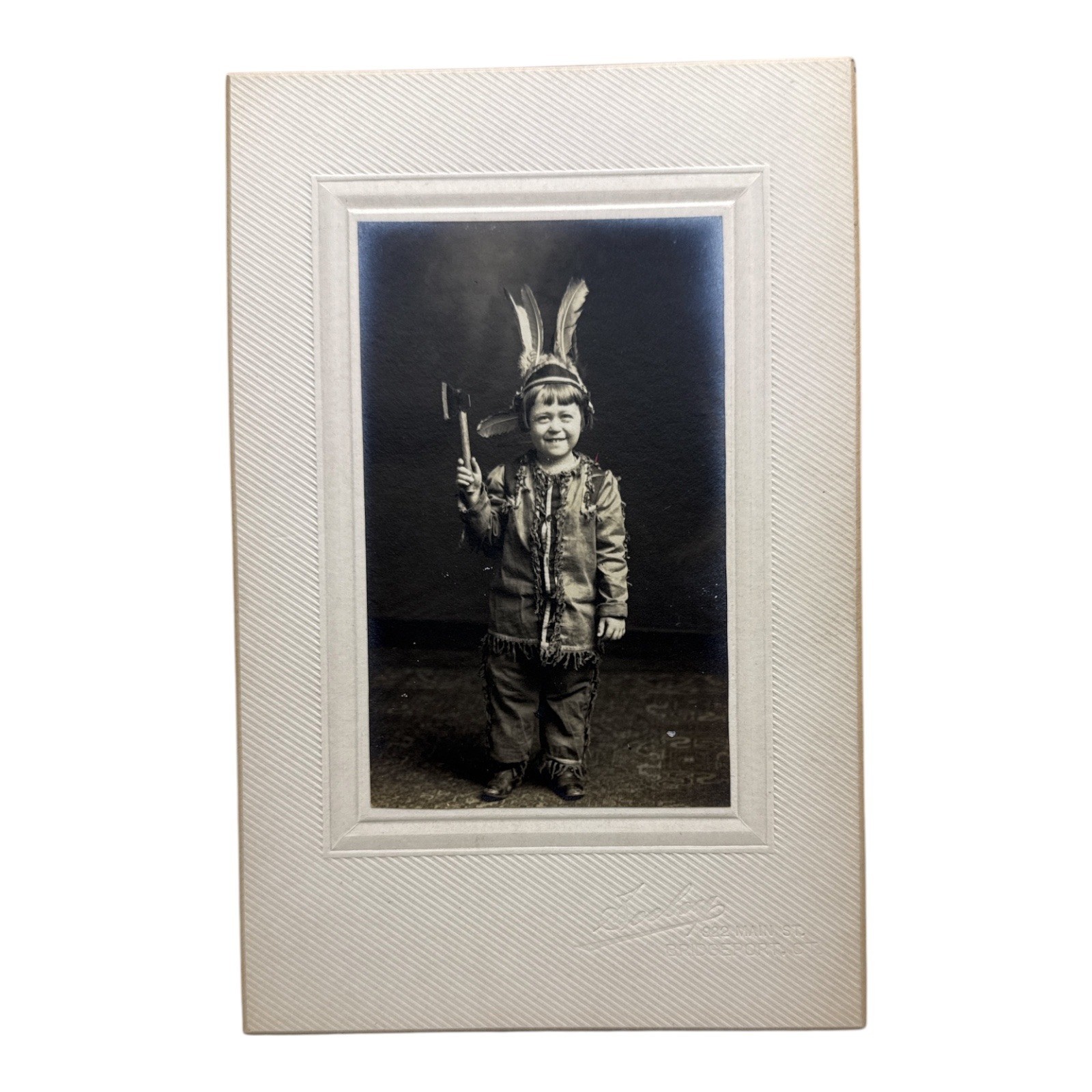 Antique 1911 Child Studio Portrait Photo Headdress Tomahawk Bridgeport CT Seeley