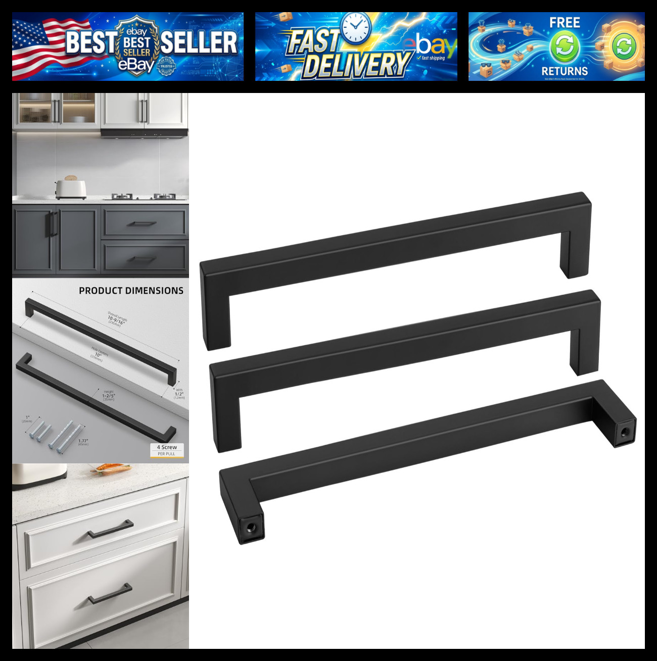 Goldenwarm 10 Pack Black Square Bar Cabinet Pull Drawer Handle Stainless Steel M