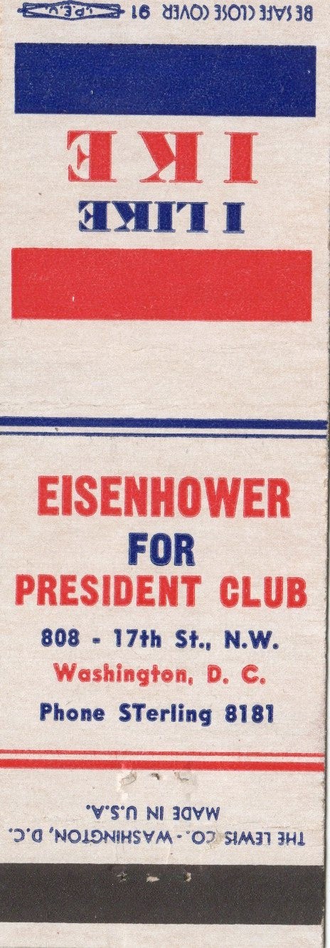 Vintage Matchcover Eisenhower For President Club Washinton DC