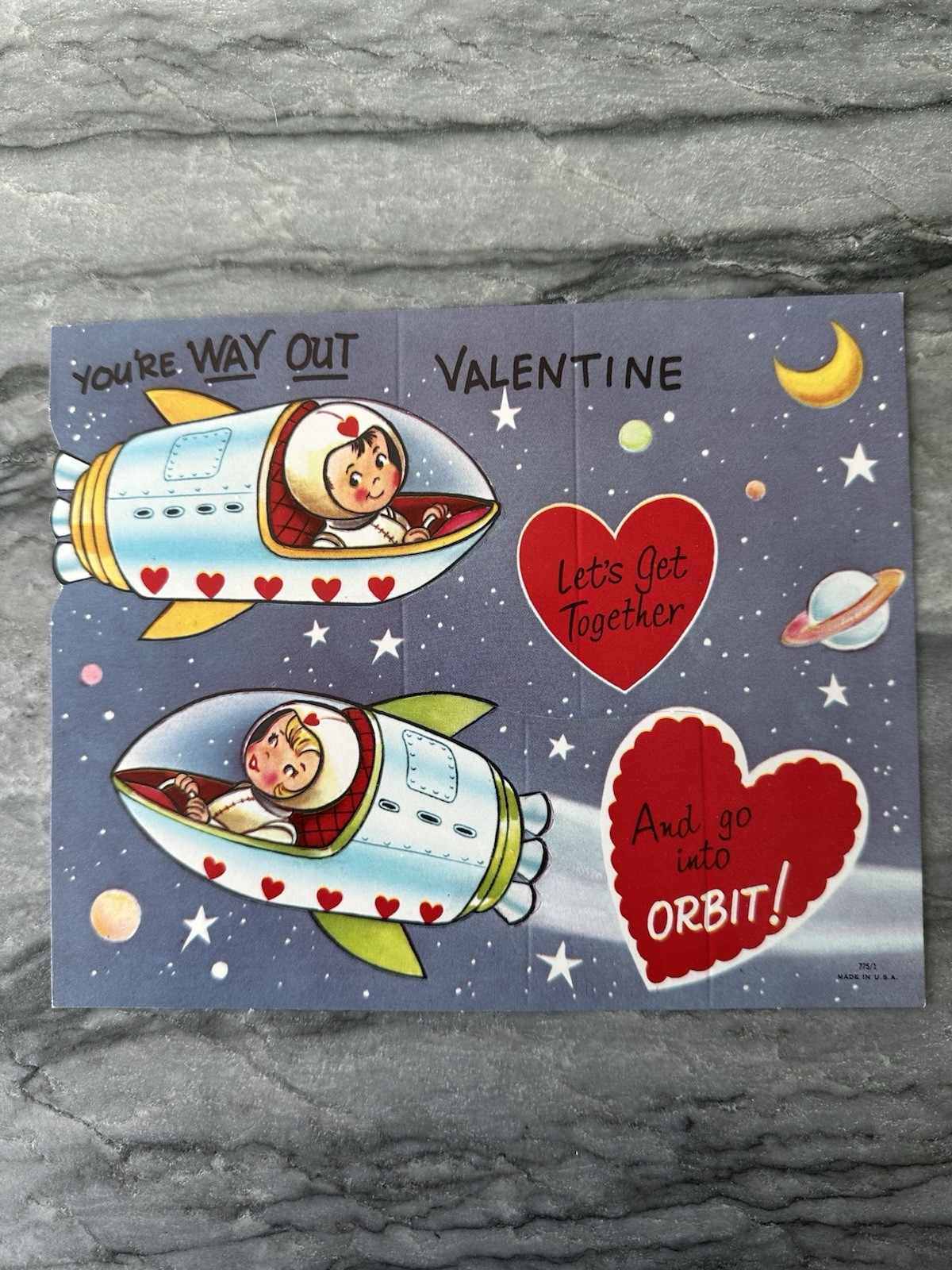 Rare Extra Large Vintage Valentine Boy Girl Astronaut Space Rocket Ship Planet
