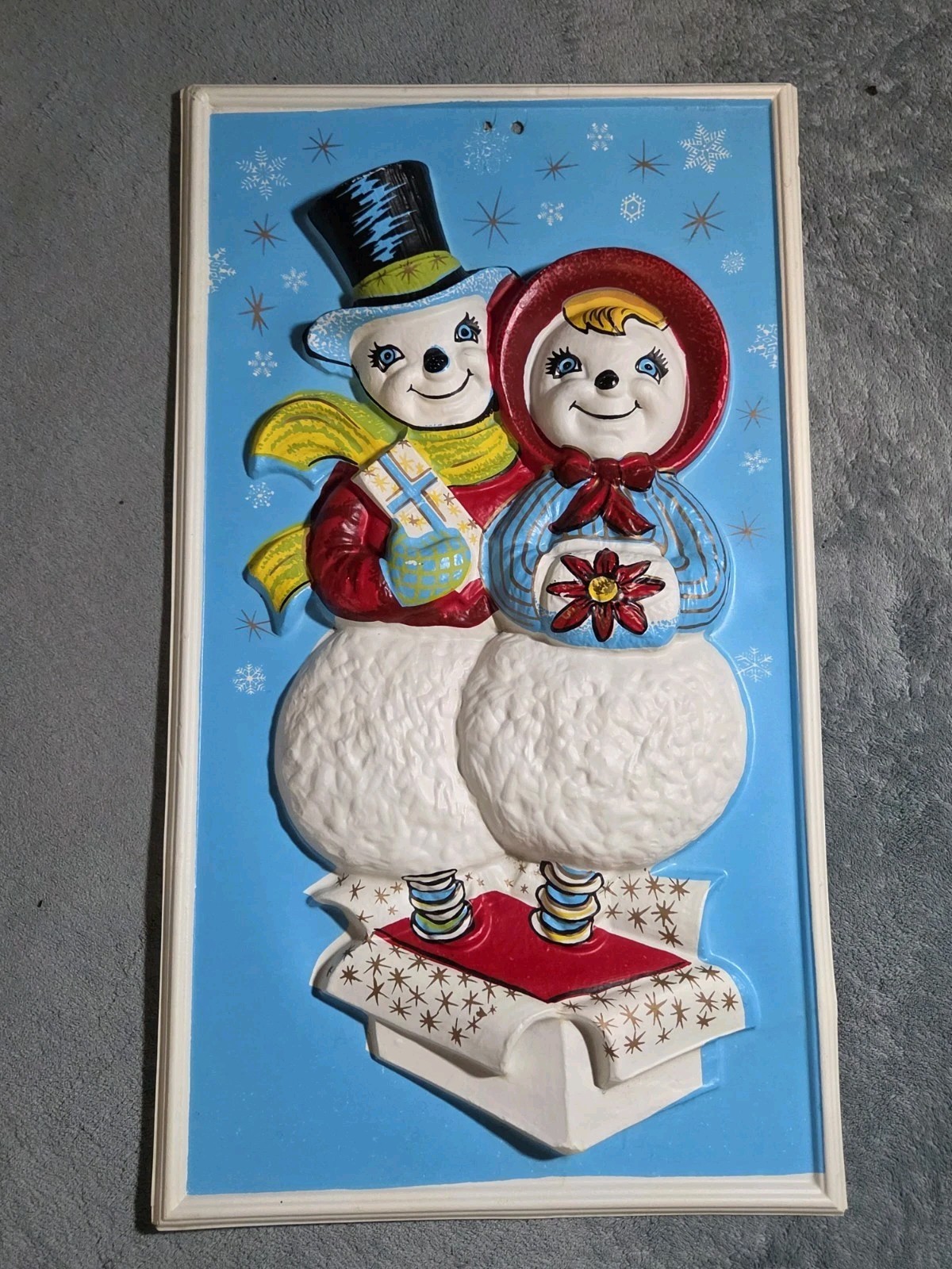 Vtg MCM VACUFORM blow mold wall plaque CHRISTMAS Jack In Box Snow Couple 60s