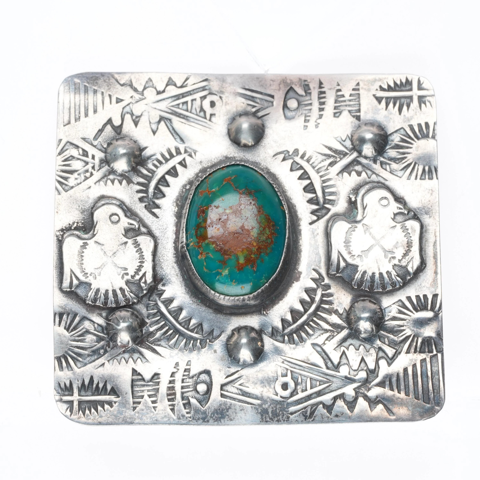 c1940's Big Navajo sterling silver Fred Harvey turquoise thunderbirds pin/brooch