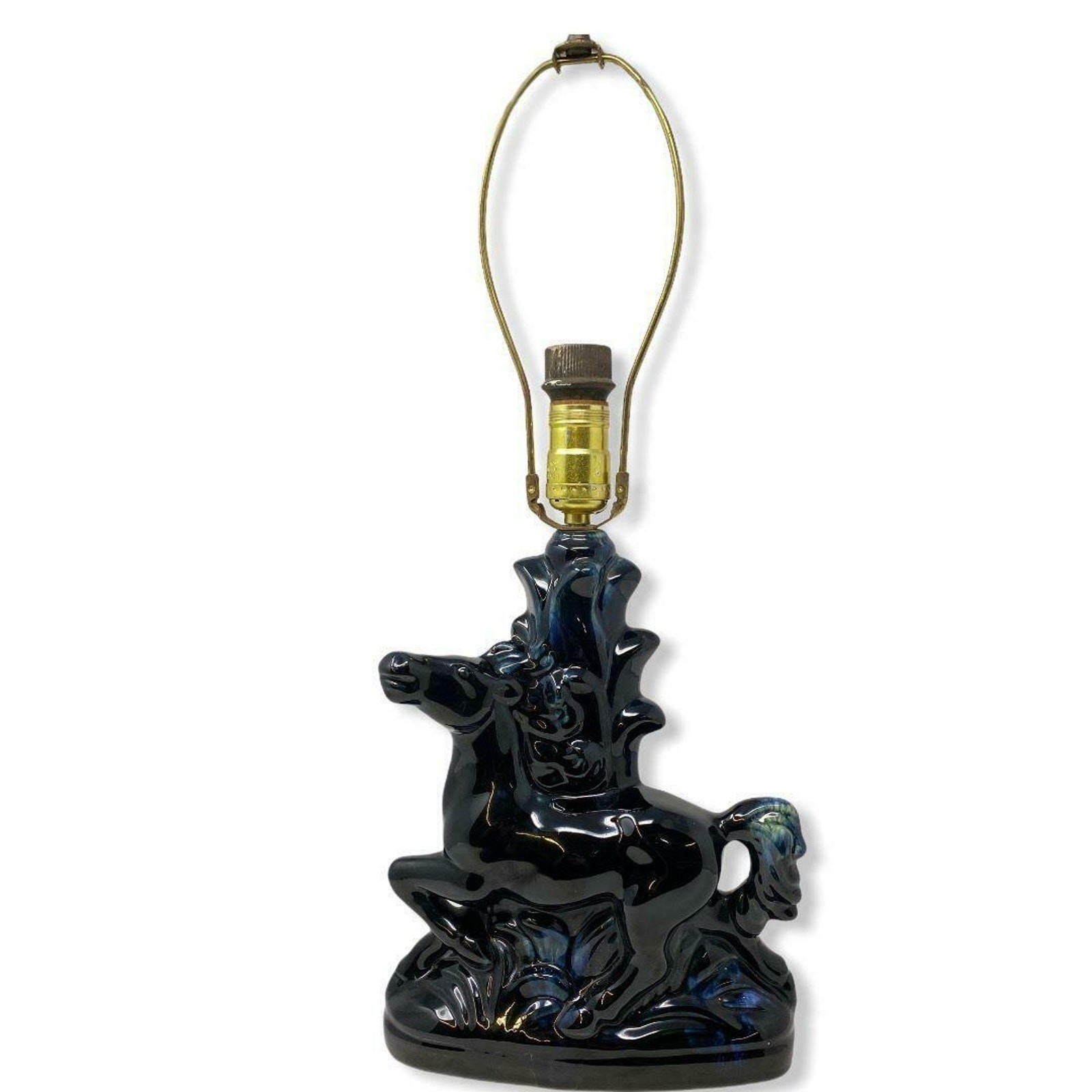 Vintage MCM Equestrian 1950\'s TV Horse Lamp Black & Blue Oil Slick Glaze