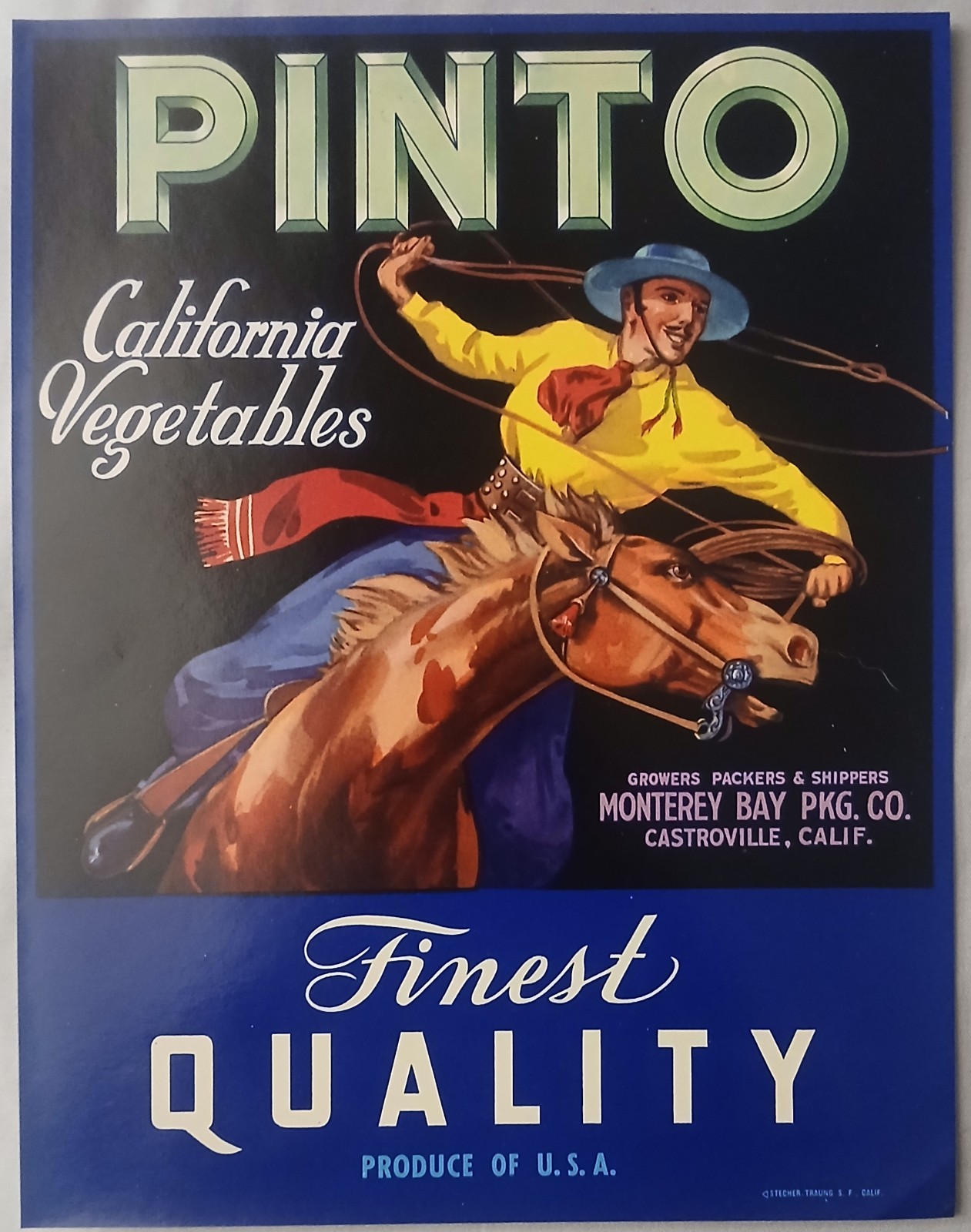 Vintage 1950s Pinto California Vegtables Crate Label Monterey Bay Castroville Ca