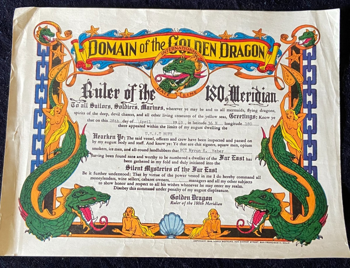 Vintage Domain of the Golden Dragon Certificate 1949-Original U.S.A.T Hope Vintage Domain of the Golden Dragon Certificate 1949-Original U.S.A.T Hope