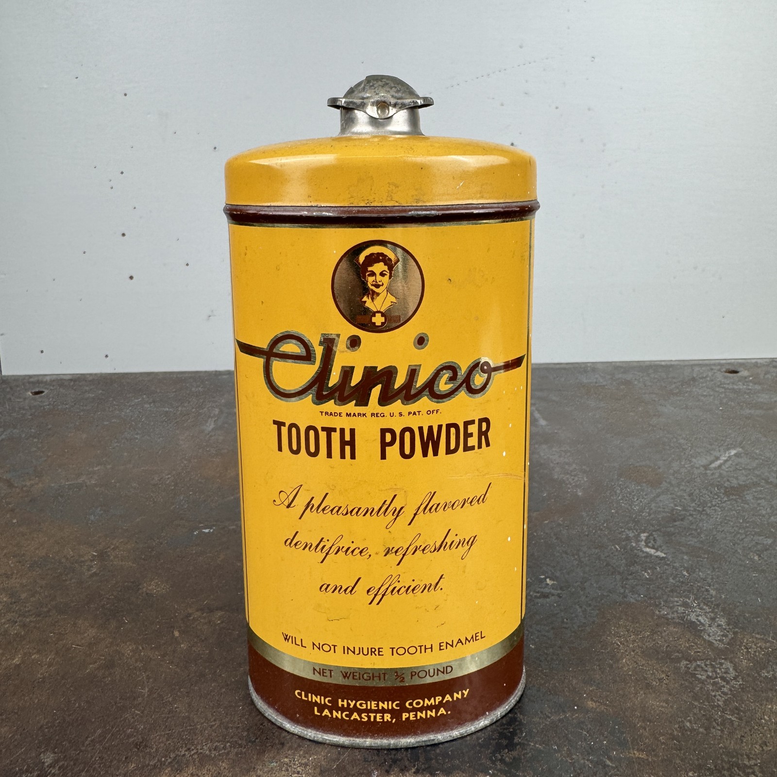 Vtg CLINICO Tooth Power Advertising Tin w/ Nurse Logo - Lancaster, PA