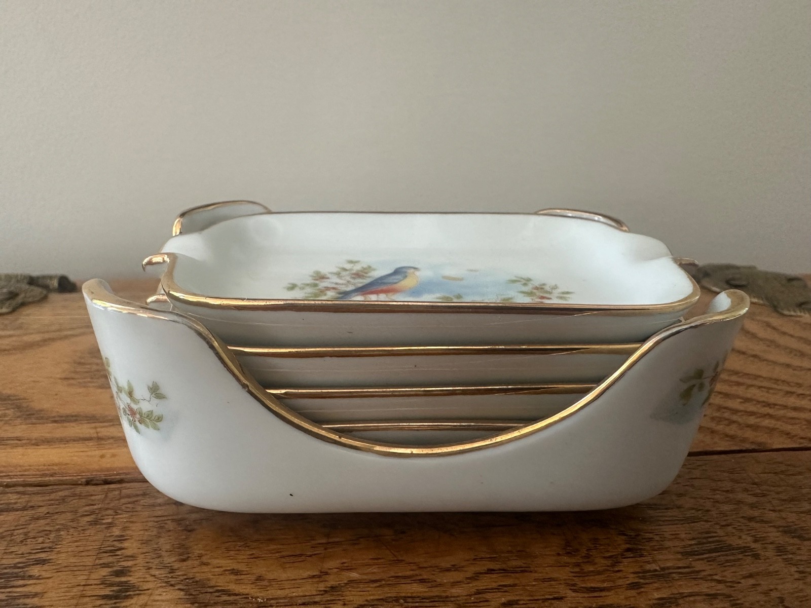 Vintage Bluebird Salt Caddy with 4 Open Salts, Gold Trim, Signed B. Wilson