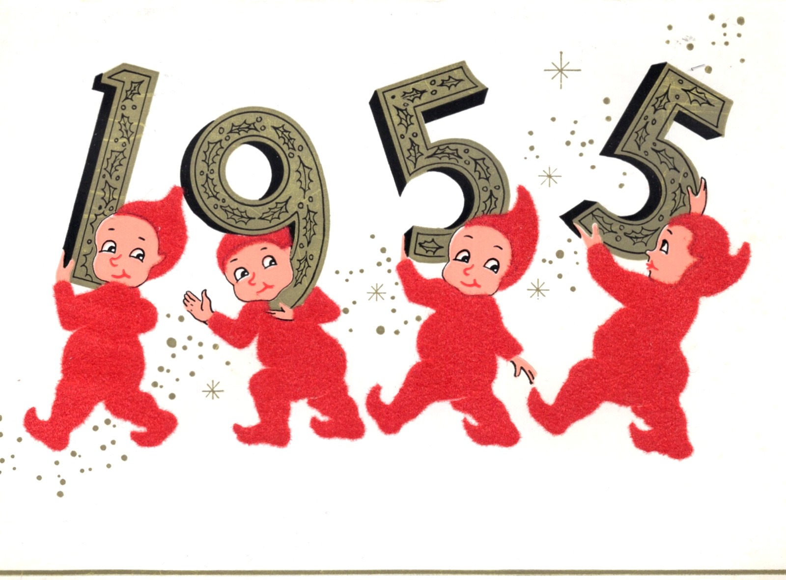 Vintage Christmas Card, FLOCKED ELVES WITH DATE OF 1955, COMPANY CHRISTMAS CARD Vintage Christmas Card, FLOCKED ELVES WITH DATE OF 1955, COMPANY CHRISTMAS CARD