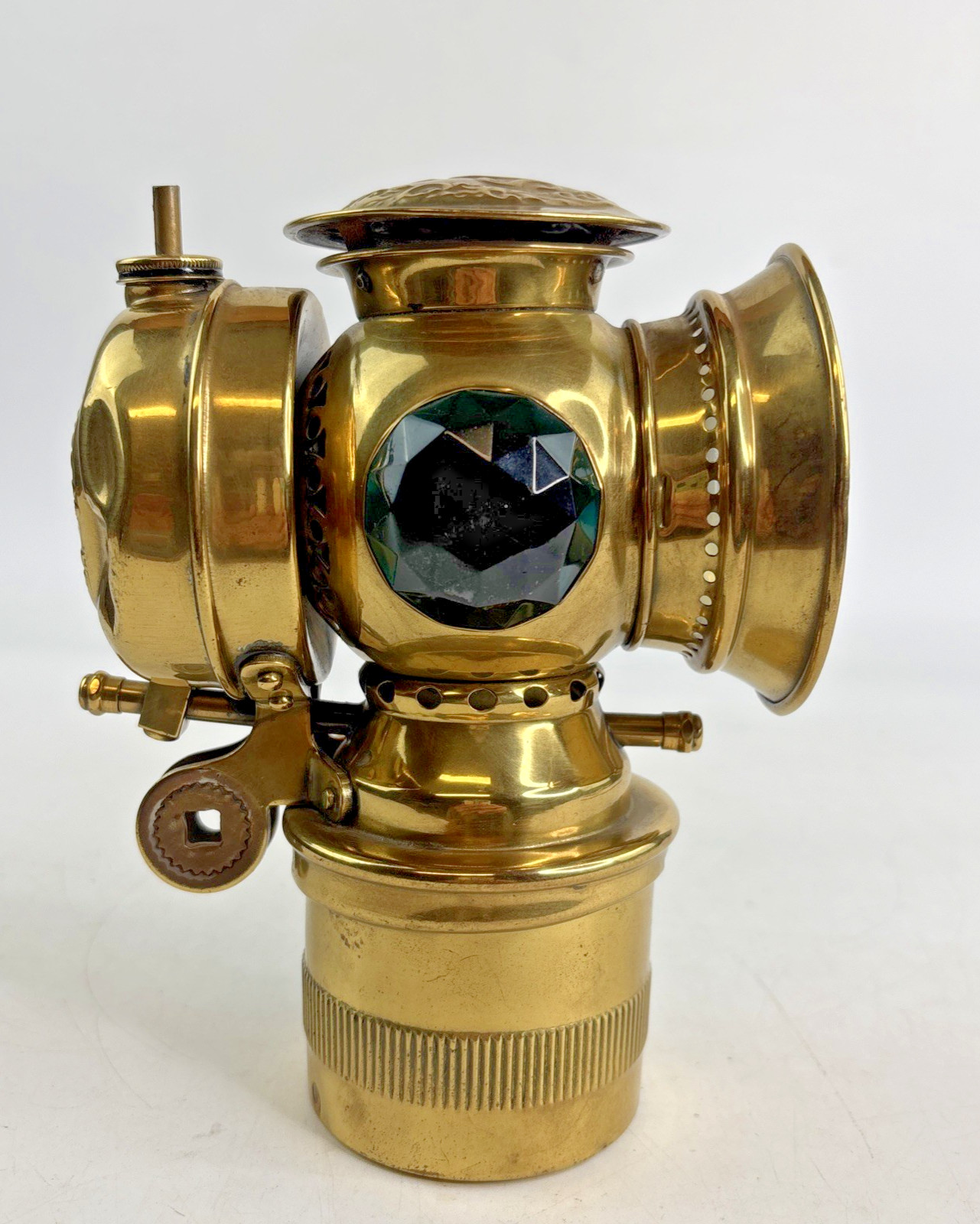 Antique 1899 SOLAR Badger Brass Co. Model S Carbide Bicycle Lamp Green Red Lens