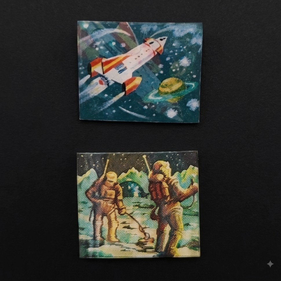2 Vtg Space Flicker Pins Retro Futurism Vari-Vue Rocket Astronaut Lenticular 60s